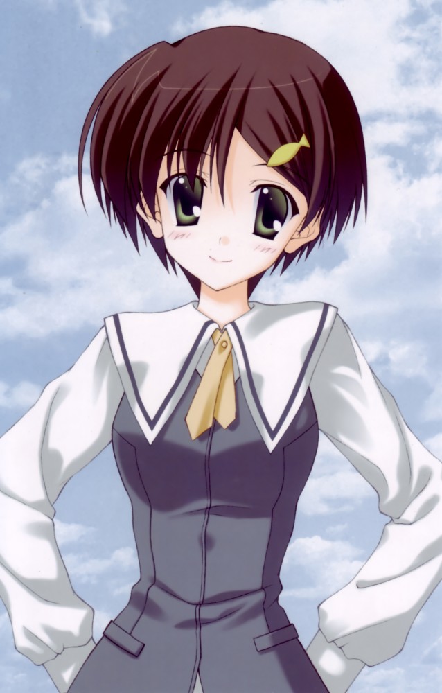 nanao naru, ishizuki mana, sola, 00s, 1girl, blush, cloud, female focus, hair ornament, hairclip, outdoors, school uniform, serafuku, short hair, sky, smile, solo, standing