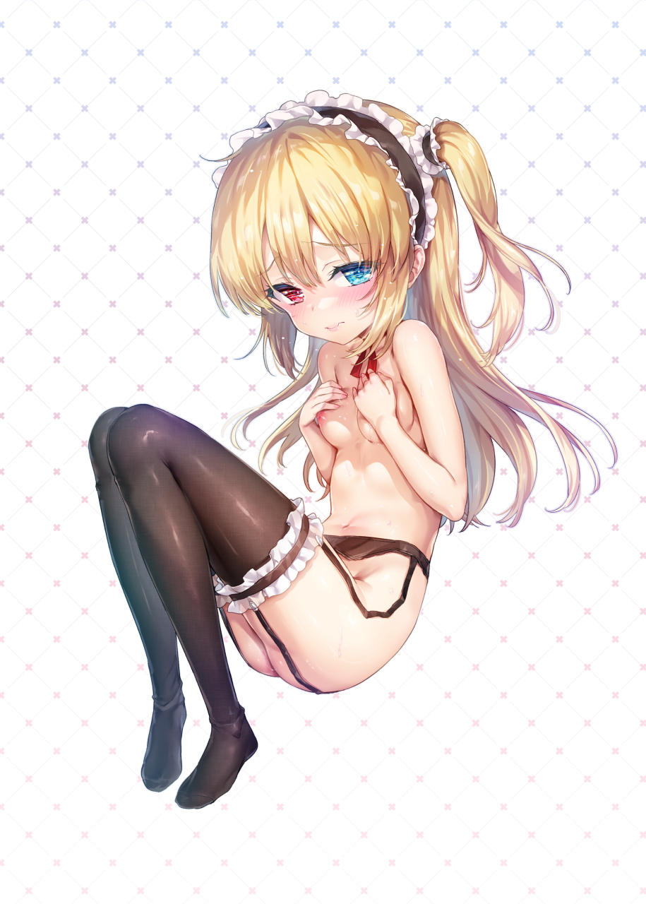 hisasi, hasegawa kobato, boku wa tomodachi ga sukunai, commentary request, highres, 1girl, blonde hair, blue eyes, blush, breasts, embarrassed, frilled thighhighs, frills, full body, garter belt, hairband, heterochromia, lolita hairband, long hair, looking at viewer, navel, nude, one side up, red eyes, small breasts, solo, thighhighs