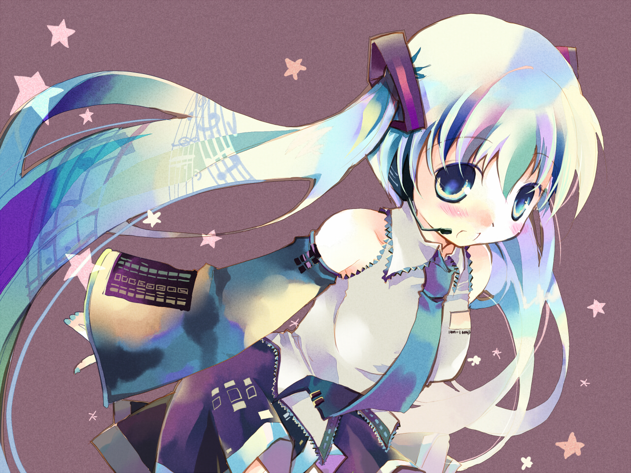 ayuka, hatsune miku, vocaloid, blue eyes, blue hair, blush, detached sleeves, musical note, necktie, solo, star (symbol), twintails