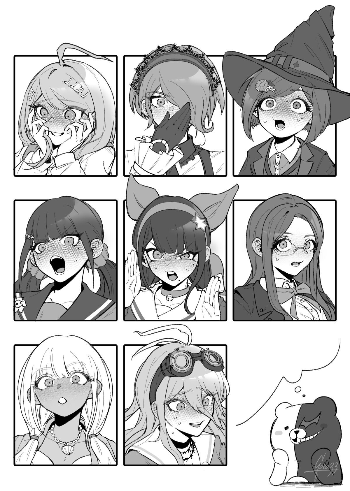 gaba33, akamatsu kaede, chabashira tenko, harukawa maki, iruma miu, monokuma, shirogane tsumugi, tojo kirumi, yonaga angie, yumeno himiko, danganronpa (series), danganronpa v3: killing harmony, commentary request, highres, 6+girls, ahoge, antenna hair, badge, barbed wire, bead necklace, beads, bear, bell, bikini, blazer, blunt bangs, blunt ends, blush, bob cut, bow, bowtie, breasts, brooch, buttons, choker, collarbone, collared jacket, collared shirt, covering own mouth, dark-skinned female, dark skin, dress, dress shirt, embarrassed, eyelashes, fighting stance, flower brooch, forehead, fortissimo, frilled shirt collar, frilled sleeves, frills, full-face blush, gem hair ornament, glasses, gloves, goggles, goggles on head, greyscale, hair between eyes, hair bow, hair ornament, hair over one eye, hair over shoulder, hair scrunchie, hair tie, hairband, hairclip, half-closed eye, hands on own cheeks, hands on own face, hat, hat belt, imagining, infinity symbol, jacket, jewelry, lace-trimmed hairband, lace trim, lapels, long hair, long hair between eyes, long sleeves, looking ahead, low twintails, lower teeth only, mole, mole under eye, monochrome, multiple girls, multiple hair bows, musical note, musical note hair ornament, neck bell, necklace, necktie, nervous smile, nervous sweating, notched lapels, o-ring, open clothes, open jacket, open mouth, pinafore dress, raincoat, round eyewear, sailor collar, school uniform, scrunchie, serafuku, shell, shell necklace, shirt, short hair, shouting, sidelocks, signature, simple background, sleeveless, sleeveless dress, sleeves past wrists, smile, straight-on, sweat, swimsuit, teeth, twintails, v-neck, v-shaped eyebrows, vest, white background, wide-eyed, witch hat