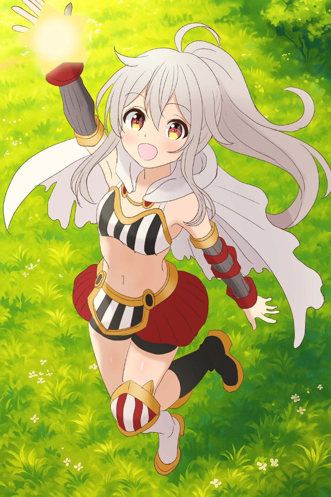star, 1girl, armor, grass, long hair, red eyes, red skirt, skirt, white hair