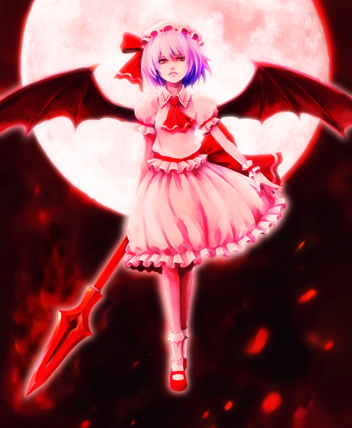 hironox, remilia scarlet, touhou, highres, 1girl, bat wings, female focus, full body, hat, moon, outdoors, pink hair, polearm, red eyes, red moon, short hair, skirt, sky, solo, spear, spear the gungnir, weapon, wings