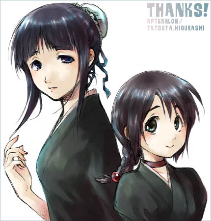 hinamori momo, kurotsuchi nemu, bleach, lowres, 2girls, black hair, blush, braid, bun cover, choker, cosplay, costume switch, hair bun, multiple girls, purple hair, single braid, single hair bun, smile