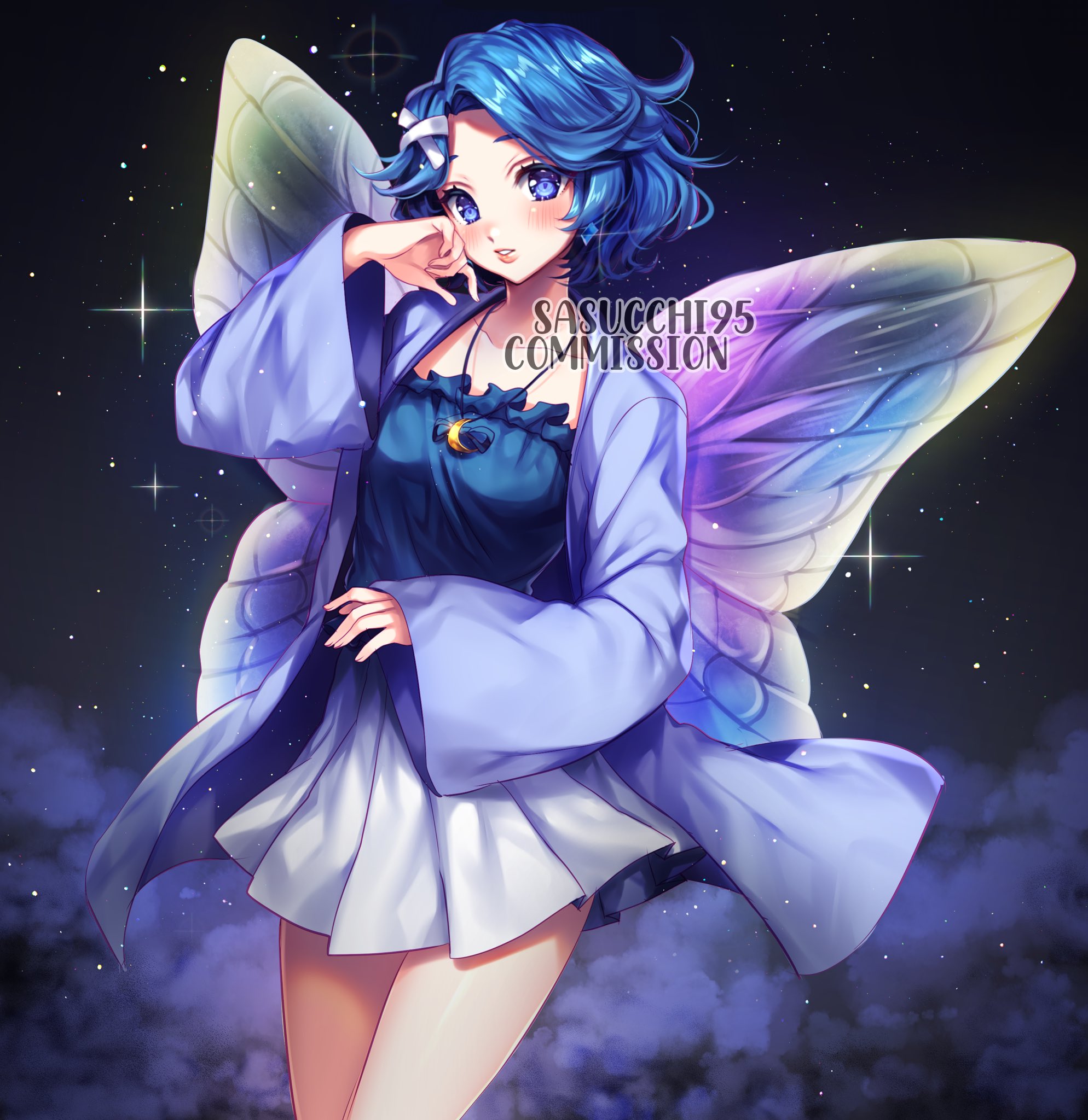 sasucchi95, original, commentary, commission, english commentary, highres, 1girl, artist name, black background, blue coat, blue eyes, blue hair, blue shirt, blush, breasts, cloud, coat, collarbone, cowboy shot, crescent, crescent necklace, curtained hair, fairy, fairy wings, frilled shirt, frills, gold necklace, hair flaps, hair ornament, hand on own cheek, hand on own face, hand up, jewelry, light particles, lips, long sleeves, looking at viewer, miniskirt, necklace, open clothes, open coat, parted lips, pleated skirt, shirt, short hair, simple background, skirt, small breasts, solo, sparkle, standing, watermark, white skirt, wide sleeves, wings, x hair ornament