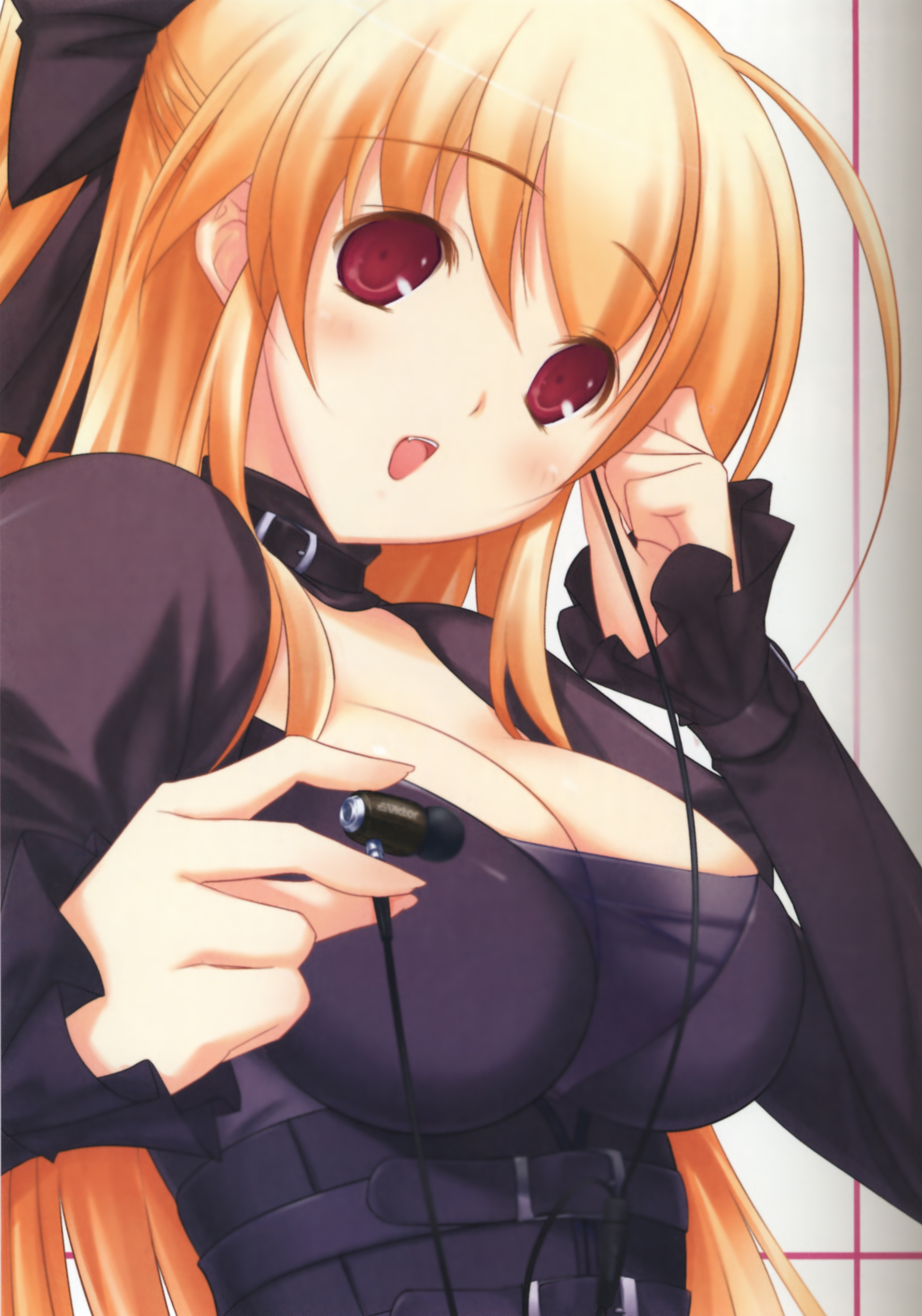 47agdragon, original, absurdres, highres, 1girl, blonde hair, breasts, cleavage, corset, earbuds, earphones, female focus, headphones, large breasts, open mouth, puffy sleeves, red eyes, solo