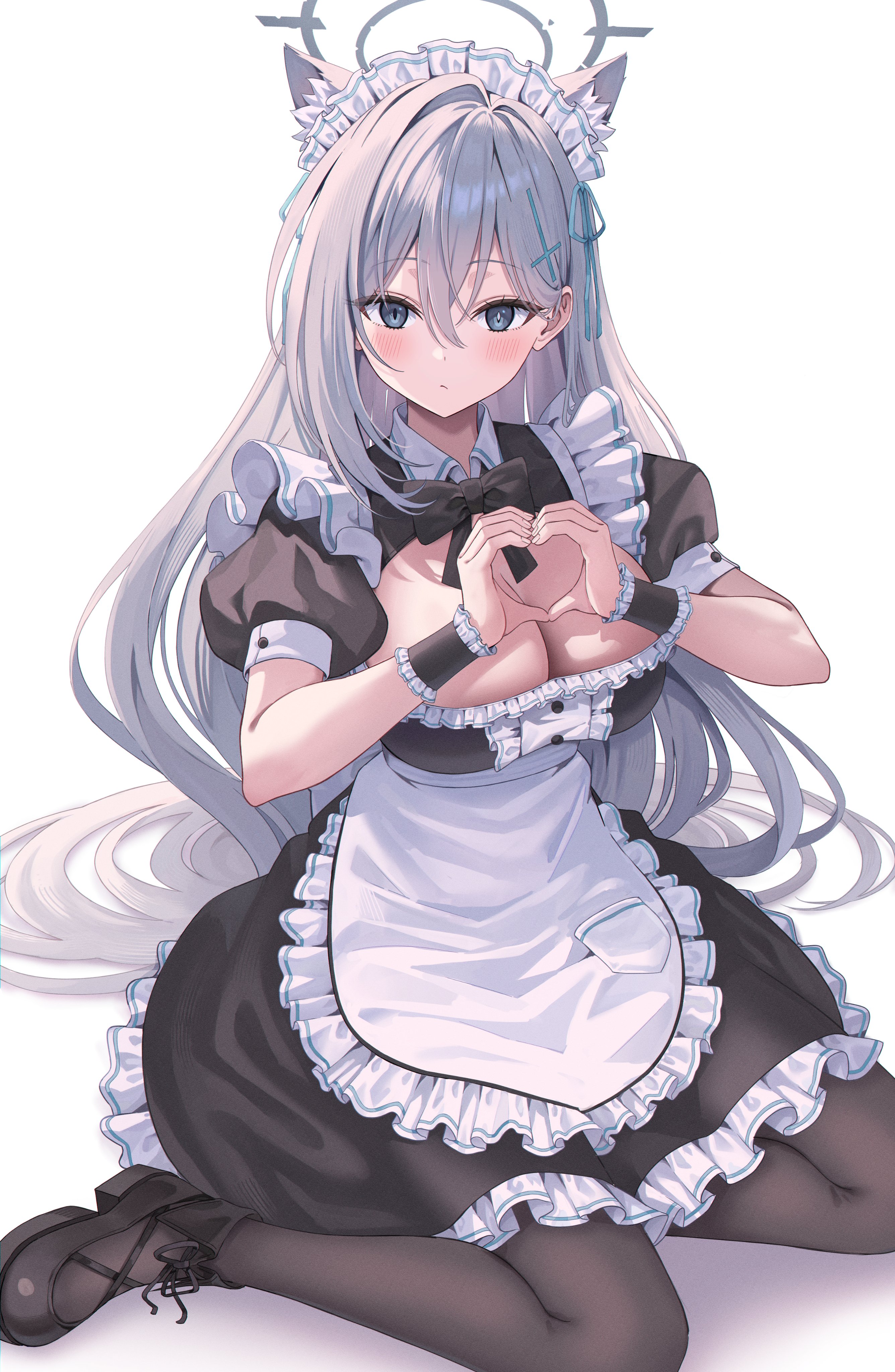 ojyomu, shiroko terror (blue archive), blue archive, absurdres, commentary request, highres, 1girl, alternate costume, animal ear fluff, animal ears, apron, apron pocket, black bow, black bowtie, black dress, black pantyhose, black shoes, black wrist cuffs, blush, bow, bowtie, breasts, cleavage, closed mouth, cross hair ornament, dress, enmaided, frilled apron, frilled hairband, frills, grey eyes, grey hair, grey halo, hair between eyes, hair ornament, hairband, halo, hands up, heart, heart hands, large breasts, long hair, looking at viewer, maid, maid headdress, pantyhose, puffy short sleeves, puffy sleeves, shoes, short sleeves, simple background, sitting, solo, very long hair, white apron, white background, white hairband, wolf ears, wrist cuffs