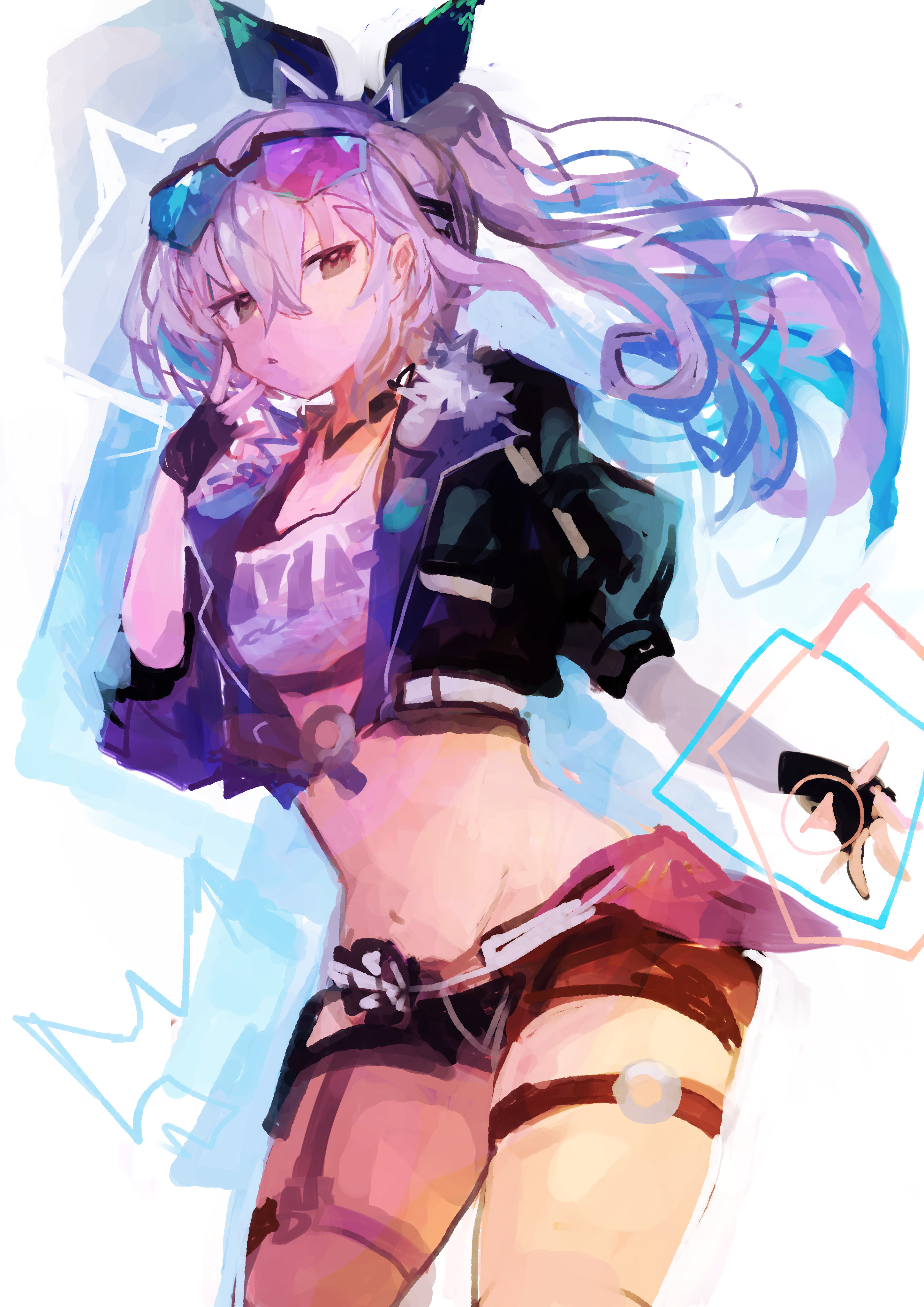 kaamin (mariarose753), silver wolf (honkai: star rail), honkai: star rail, honkai (series), absurdres, commentary request, highres, 1girl, black gloves, black jacket, black ribbon, blue hair, crop top, cropped jacket, fingerless gloves, fur-trimmed jacket, fur trim, gloves, goggles, goggles on head, grey hair, hair ribbon, jacket, long hair, micro shorts, midriff, multicolored hair, ponytail, purple hair, ribbon, shirt, short shorts, shorts, solo, stomach, thigh strap