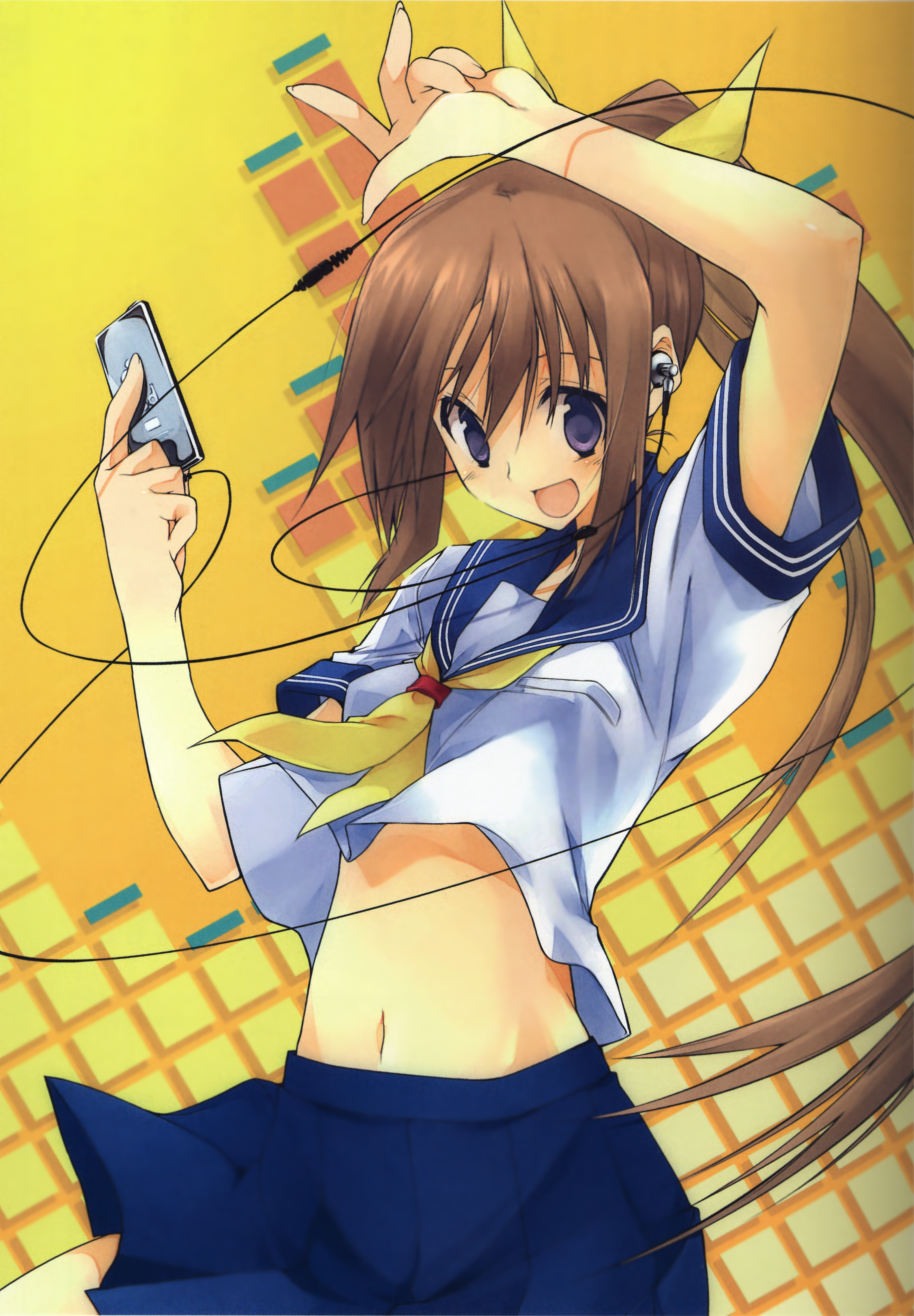 10mo, absurdres, highres, 1girl, blue eyes, brown hair, dancing, digital media player, earbuds, earphones, female focus, headphones, ipod, long hair, midriff, navel, ponytail, ribbon, school uniform, serafuku, skirt, solo, standing