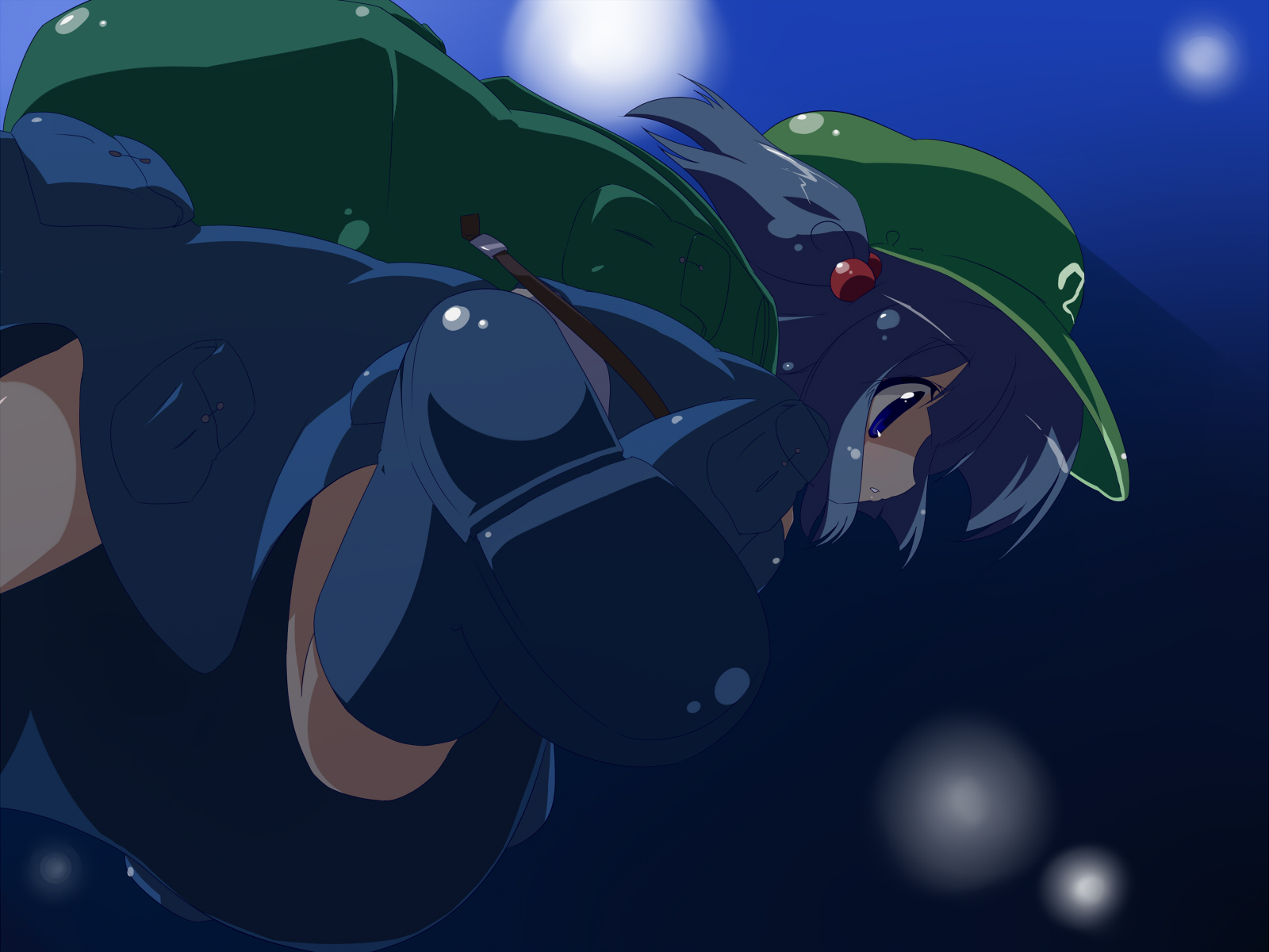 oka (bananashoe), kawashiro nitori, touhou, highres, 1girl, bag, blue hair, female focus, gradient background, hat, short hair, solo, two side up