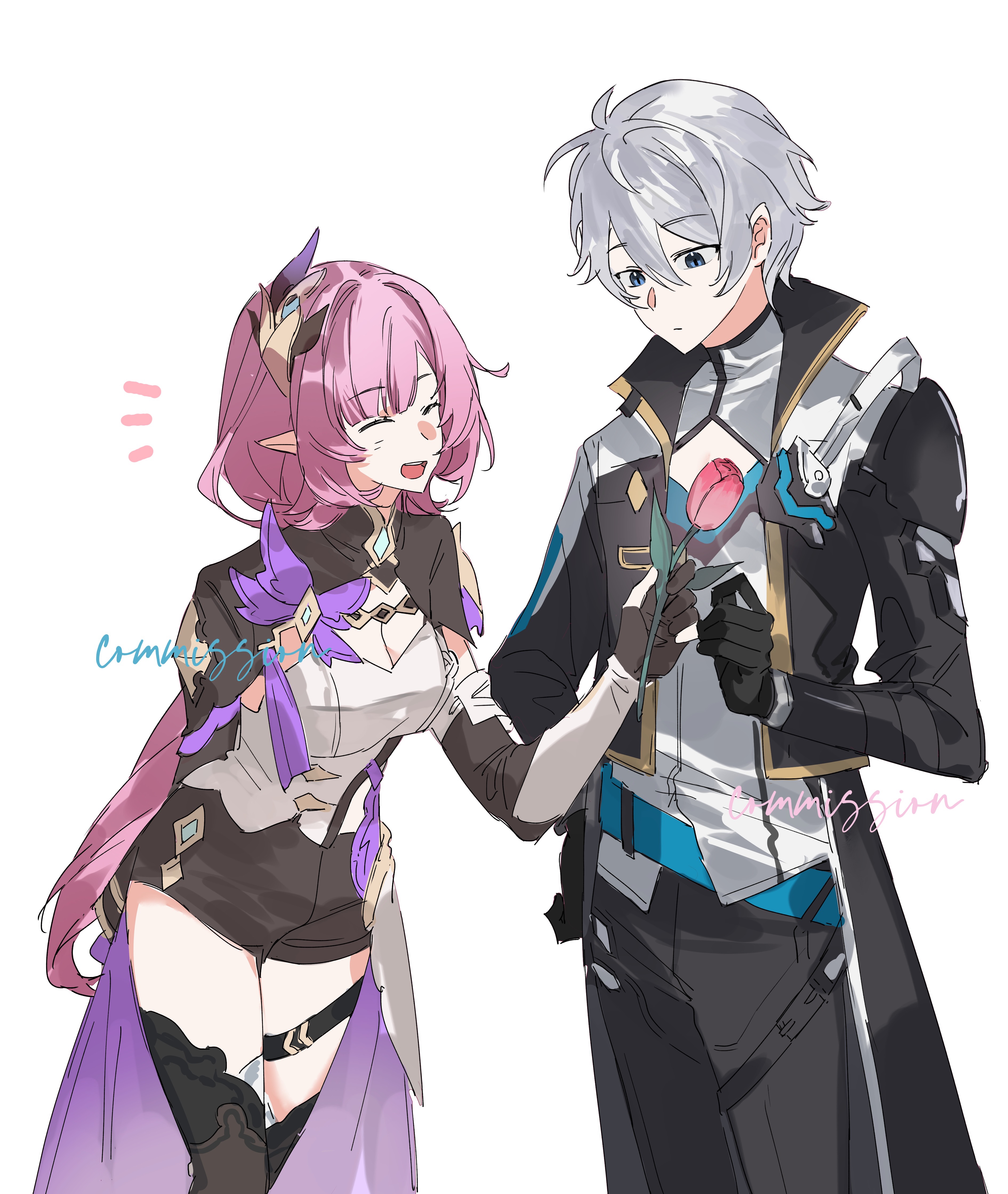 elysia (honkai impact), elysia (miss pink elf) (honkai impact), kevin kaslana, honkai (series), honkai impact 3rd, absurdres, chinese commentary, commentary request, commission, highres, 1boy, 1girl, black coat, black pants, black shorts, breasts, cleavage, coat, corset, elf, flower, hair ornament, holding, holding flower, large breasts, long hair, pants, pink flower, pink tulip, pointy ears, shirt, short hair, short shorts, shorts, simple background, smile, tulip, very long hair, white background, white corset, white hair, white shirt, yvaine