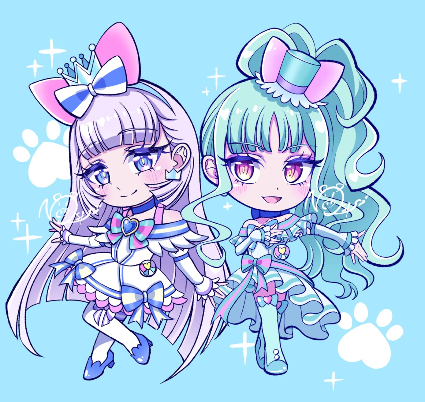 satowa (circuit), cure lillian, cure nyammy, nekoyashiki mayu, nekoyashiki yuki, precure, wonderful precure!, commentary, highres, 2girls, :d, animal ear hairband, animal ears, aqua boots, aqua bow, aqua hair, aqua hairband, aqua hat, arm warmers, artist name, bare shoulders, blue background, blue bow, blue choker, blue crown, blue eyes, blue hairband, blue shoes, blunt bangs, blunt ends, blush, boots, bow, bow hairband, brooch, cat ear hairband, cat ears, chibi, chibi only, choker, closed mouth, crossed legs, crown, crown earrings, dress, dress bow, earrings, fake animal ears, frilled arm warmers, frilled dress, frilled thighhighs, frills, full body, hairband, hand on own chest, hat, heart, heart brooch, jewelry, leg up, long hair, looking at viewer, magical girl, medium dress, mini crown, mini hat, mini top hat, multicolored bow, multiple girls, off-shoulder dress, off shoulder, open mouth, outstretched arm, outstretched hand, pact holder, paw print, paw print background, pearl earrings, petticoat, ponytail, pouch, purple eyes, shiny cats pact, shoes, side-by-side, side ponytail, signature, smile, sparkle background, split mouth, standing, straight hair, striped bow, thigh boots, thighhighs, tilted headwear, top hat, tsurime, very long hair, white arm warmers, white bow, white dress, white hair, white thighhighs, zettai ryouiki