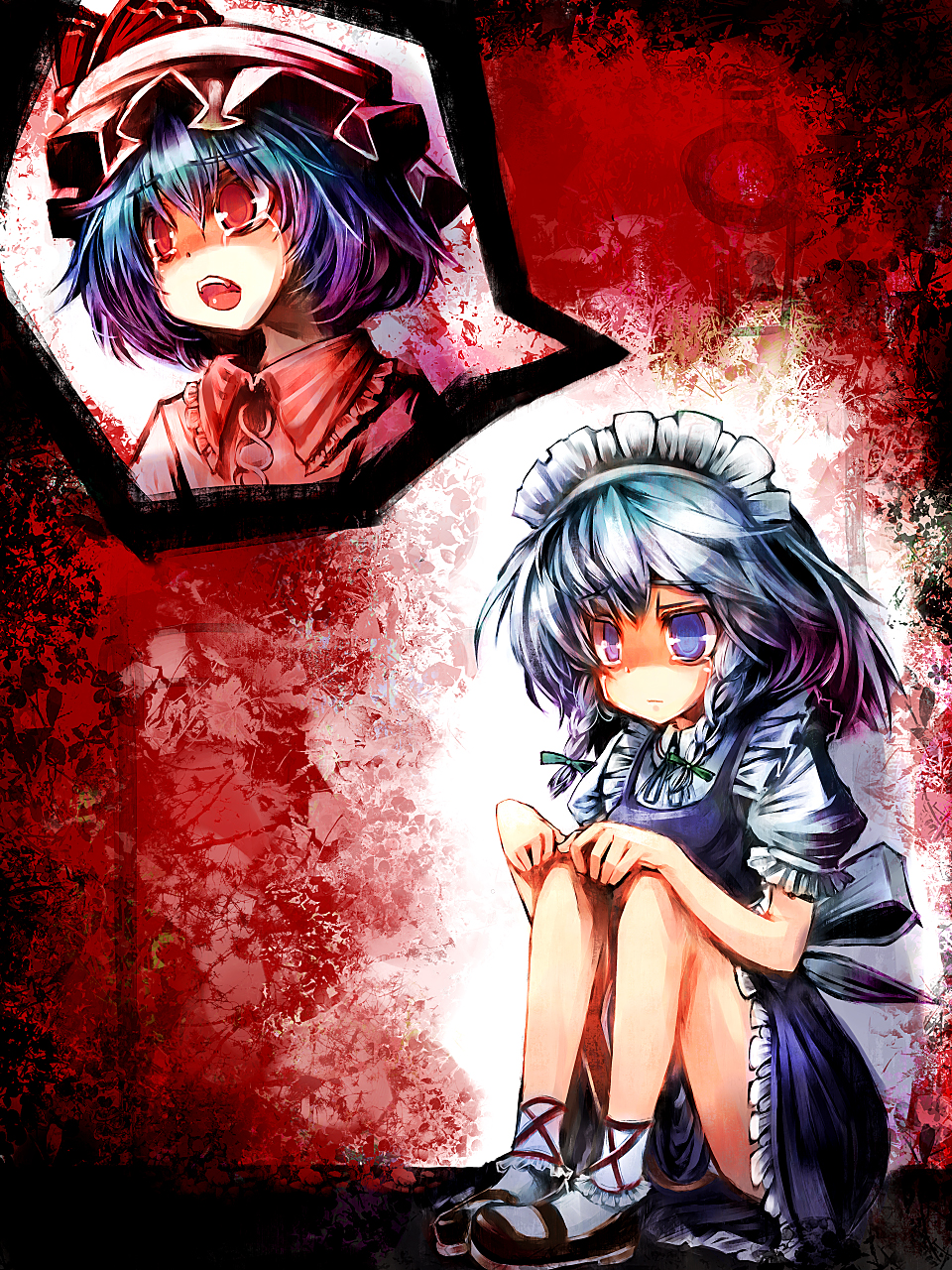 ukyo rst, izayoi sakuya, remilia scarlet, touhou, silver hair, highres, 2girls, blue hair, female focus, hat, maid, multiple girls, ribbon, short hair, tears