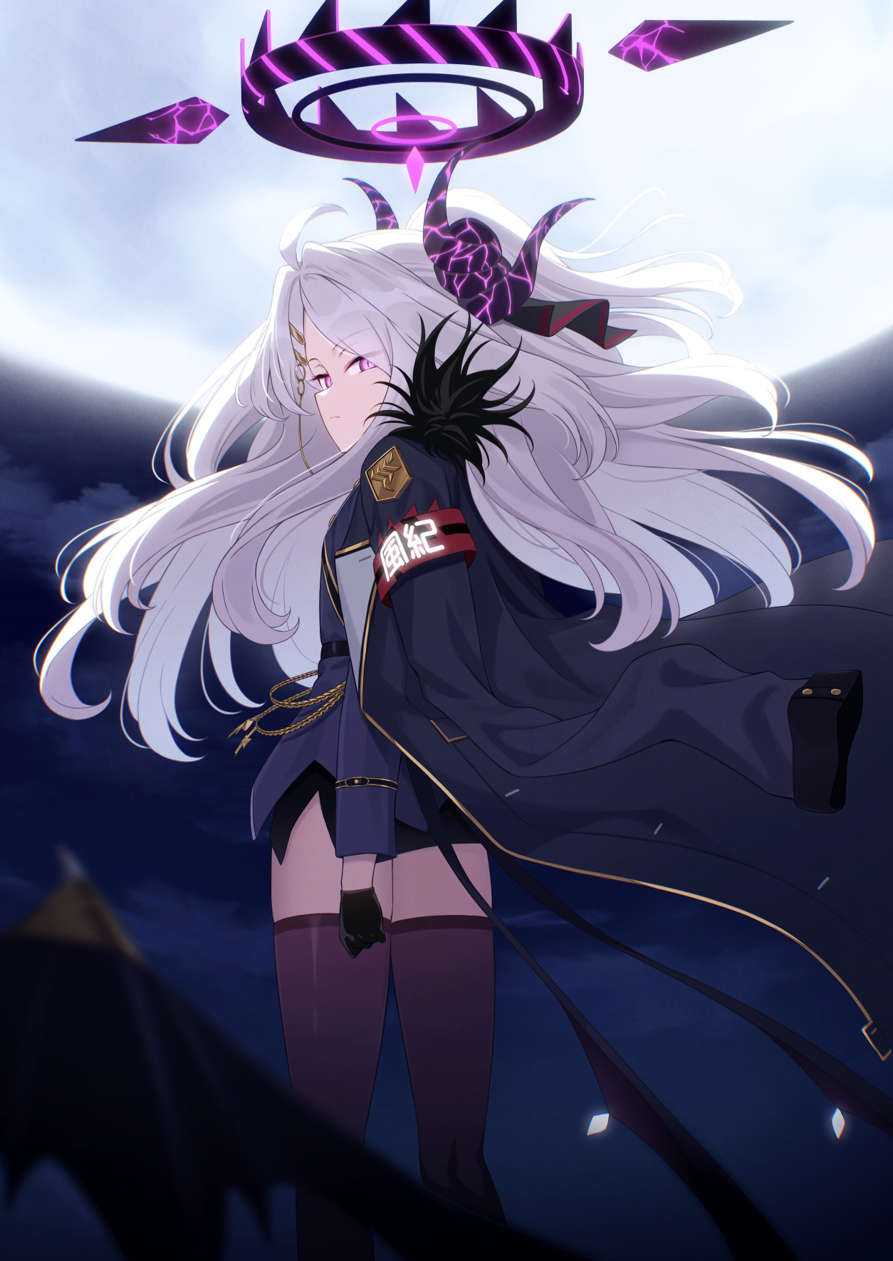 nuenue, hina (blue archive), blue archive, highres, ahoge, armband, black coat, black gloves, black thighhighs, breasts, coat, coat on shoulders, demon girl, demon horns, demon wings, gloves, horns, long hair, looking at viewer, low wings, moon, night, outdoors, purple eyes, red armband, small breasts, standing, thighhighs, thighs, white hair, wings