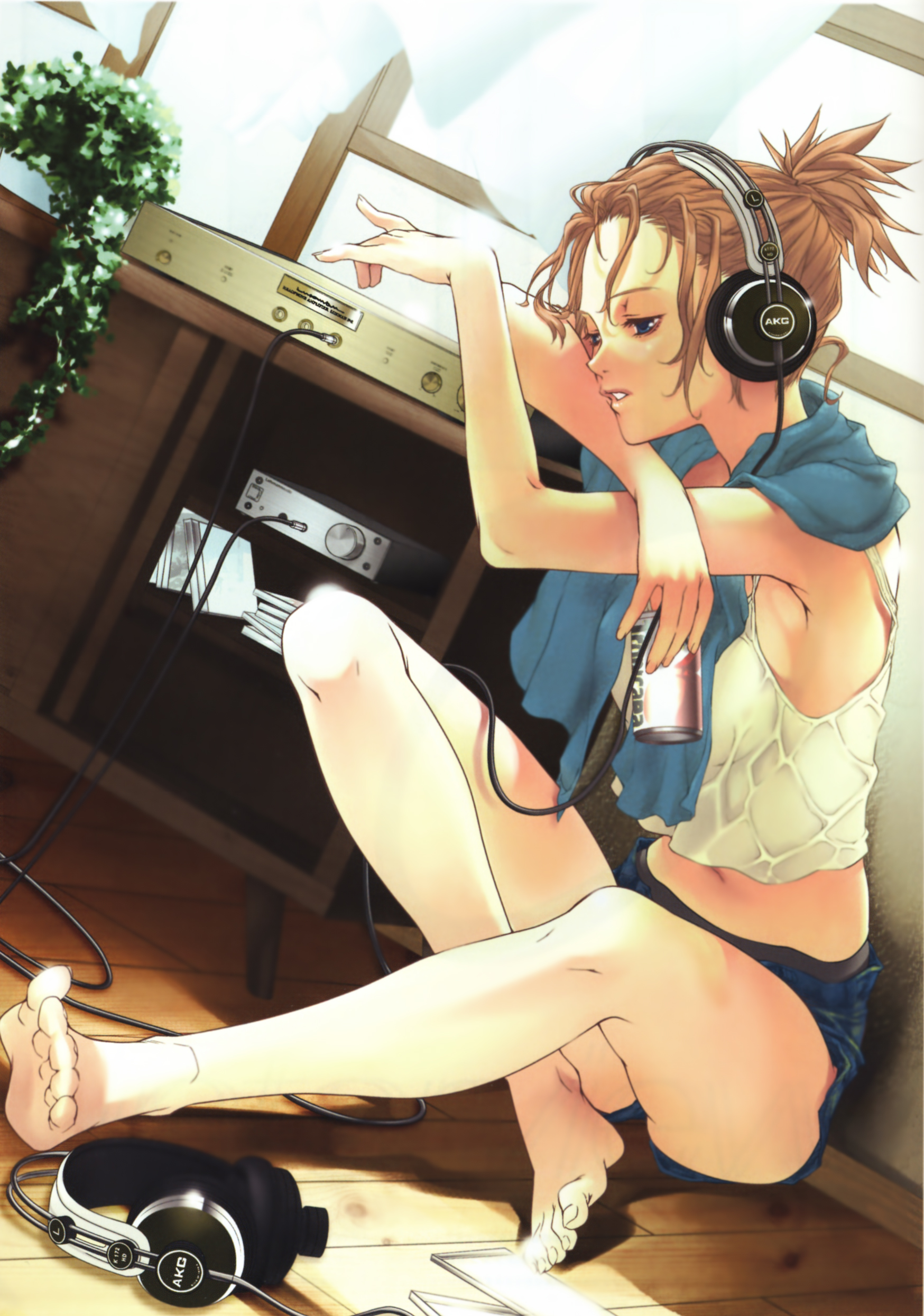 rin kyoutarou, akg, original, absurdres, highres, 1girl, akg k-series headphones, alcohol, barefoot, beer, breasts, brown hair, can, dutch angle, feet, female focus, headphones, legs, long legs, short shorts, shorts, slice of life, solo, toes, towel, towel around neck, wet, wet clothes