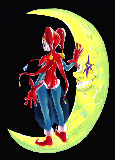 harle (chrono cross), chrono (series), chrono cross, 1girl, ass, bodysuit, crescent moon, facepaint, female focus, from behind, gloves, green pantyhose, harlequin, hat, jester cap, leotard, makeup, moon, pantyhose, pom pom (clothes), red gloves, red leotard, solo