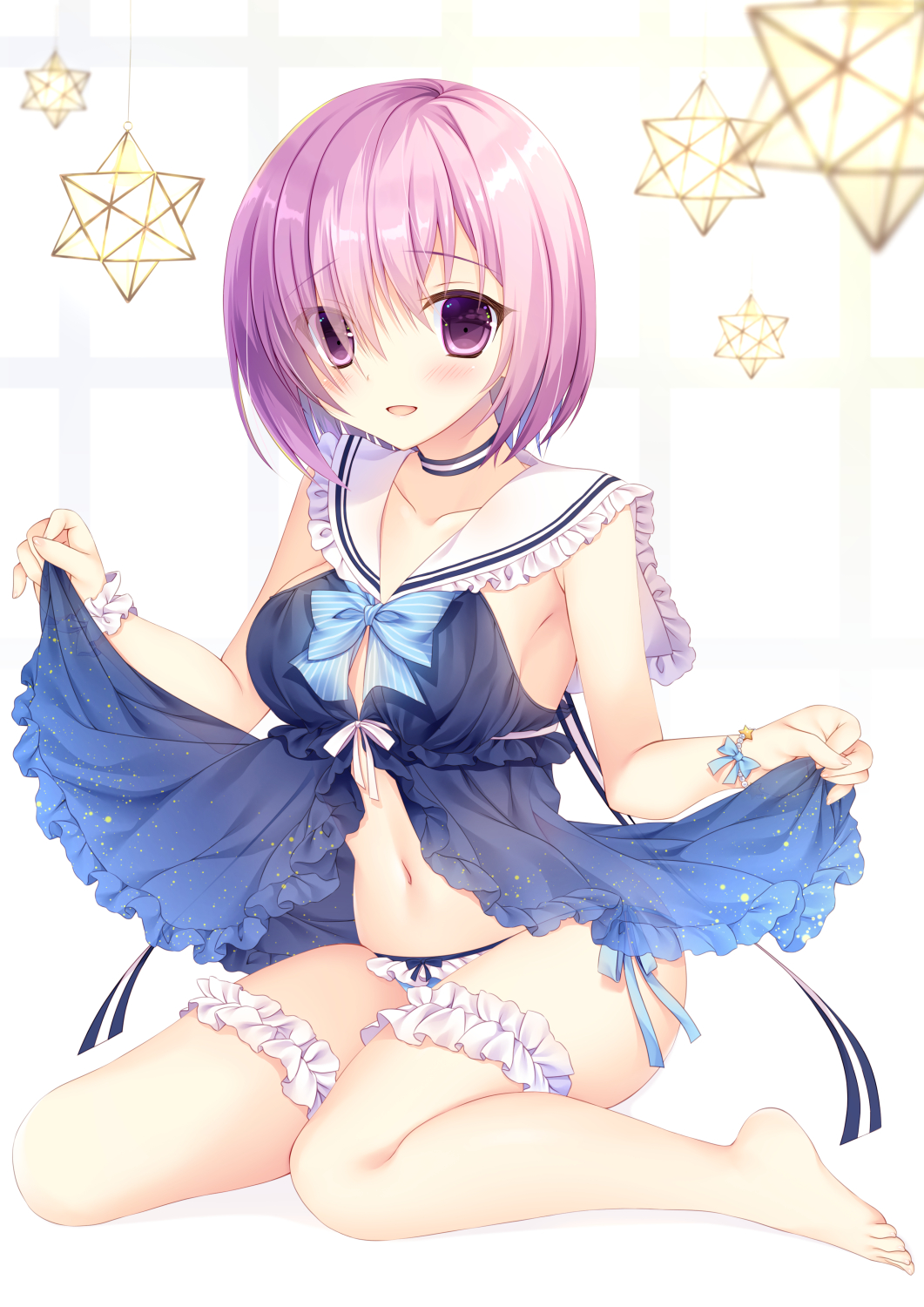 licoco, mash kyrielight, fate/grand order, fate (series), check commentary, commentary request, highres, 1girl, babydoll, babydoll lift, barefoot, blue babydoll, blue bow, blue bowtie, blush, bow, bowtie, breasts, collar, collarbone, frilled babydoll, frilled collar, frilled panties, frilled thigh strap, frilled wristband, frills, hair over one eye, large breasts, open mouth, panties, purple eyes, purple hair, revealing clothes, simple background, sitting, smile, star (symbol), striped choker, thigh strap, underwear, wariza, white background, wrist bow