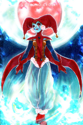 harle (chrono cross), chrono (series), chrono cross, lowres, 1girl, bodysuit, copyright name, eyeliner, facepaint, female focus, fur trim, gloves, hat, jester, jester cap, leotard, lipstick, looking at viewer, makeup, moon, pants, red eyeliner, red eyes, red leotard, red lips, see-through clothes, solo, standing, tassel, tattoo, teardrop tattoo