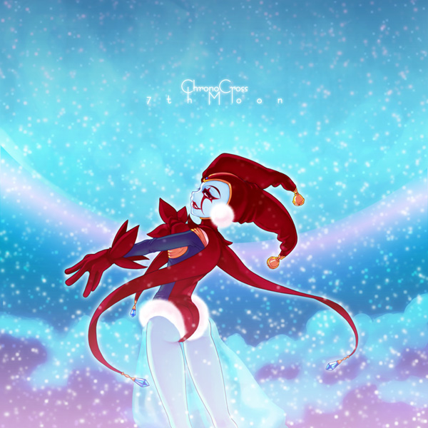 harle (chrono cross), chrono (series), chrono cross, 1girl, facepaint, female focus, from side, fur trim, gloves, green pantyhose, hat, jester cap, leaning back, leotard, lipstick, looking back, makeup, outstretched arms, pants, pantyhose, pom pom (clothes), profile, red eyes, red gloves, red leotard, red lips, see-through clothes, sky, solo, standing, tassel