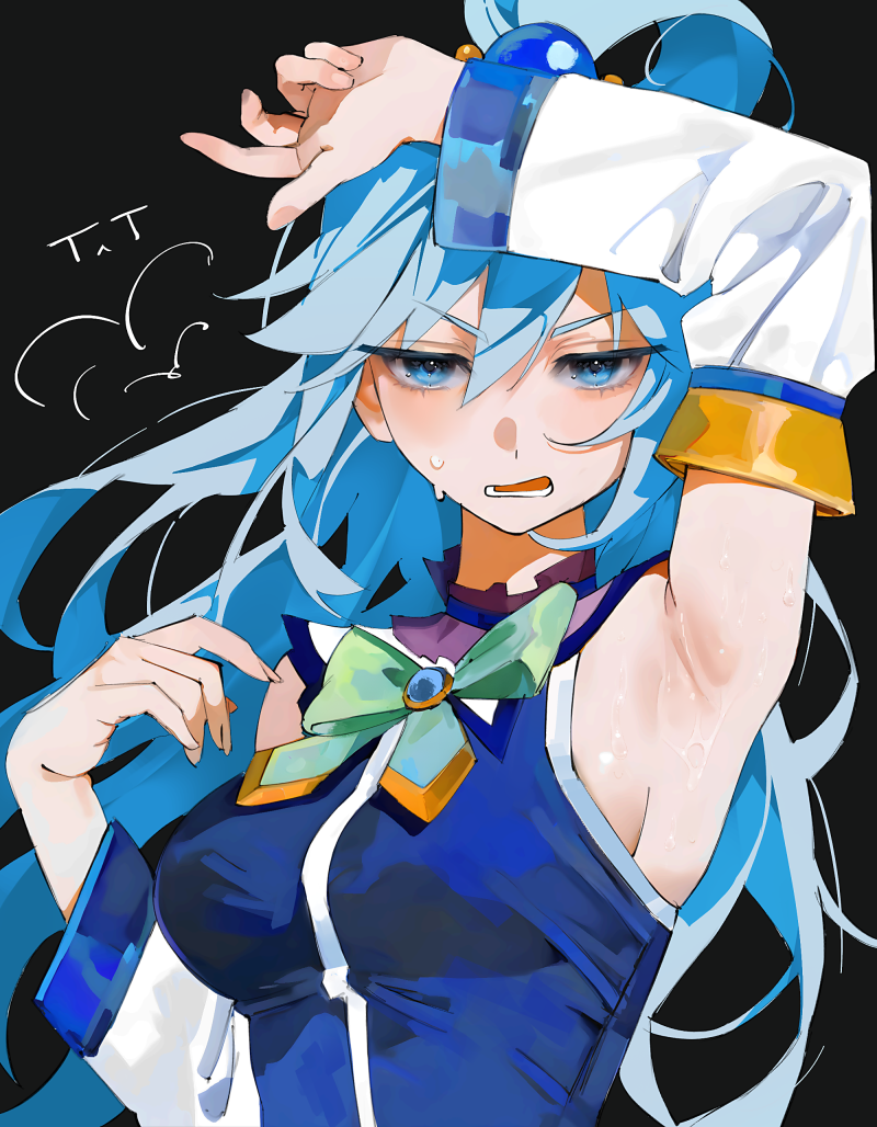 yoko-chan (mijizukeyoko), aqua (konosuba), kono subarashii sekai ni shukufuku wo!, 1girl, armpits, black background, blue eyes, blue hair, breasts, detached sleeves, hair between eyes, long hair, looking at viewer, medium breasts, open mouth, simple background, solo, upper body, white sleeves