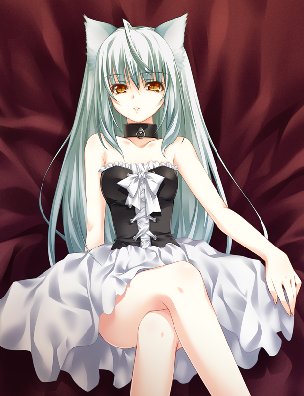 yasaka minato, hal, original, silver hair, long image, tall image, 1girl, animal ears, bare legs, bare shoulders, bow, cat ears, cat girl, collar, collarbone, corset, crossed legs, dress, female focus, fingernails, frills, goth fashion, hair between eyes, indoors, knees, legs, long hair, looking at viewer, parted lips, sitting, sleeveless, slit pupils, solo, strapless, strapless dress, white dress, yellow eyes