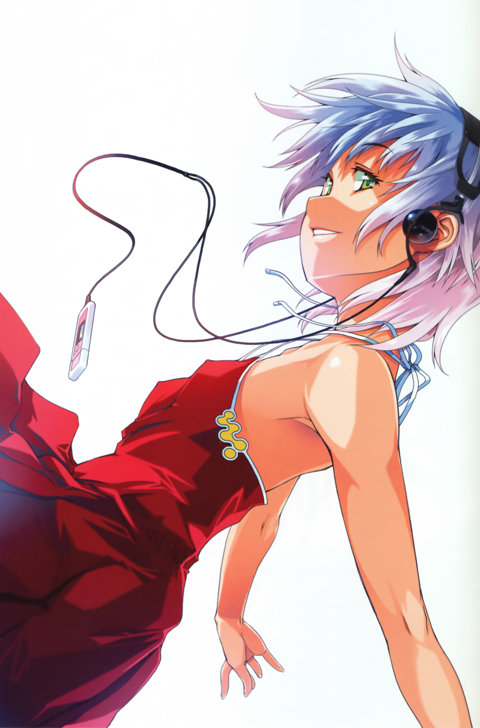 asaki takayuki, original, absurdres, highres, 1girl, blue hair, covered erect nipples, digital media player, digital walkman, dress, female focus, flat chest, green eyes, headphones, red dress, short hair, smile, solo, sundress