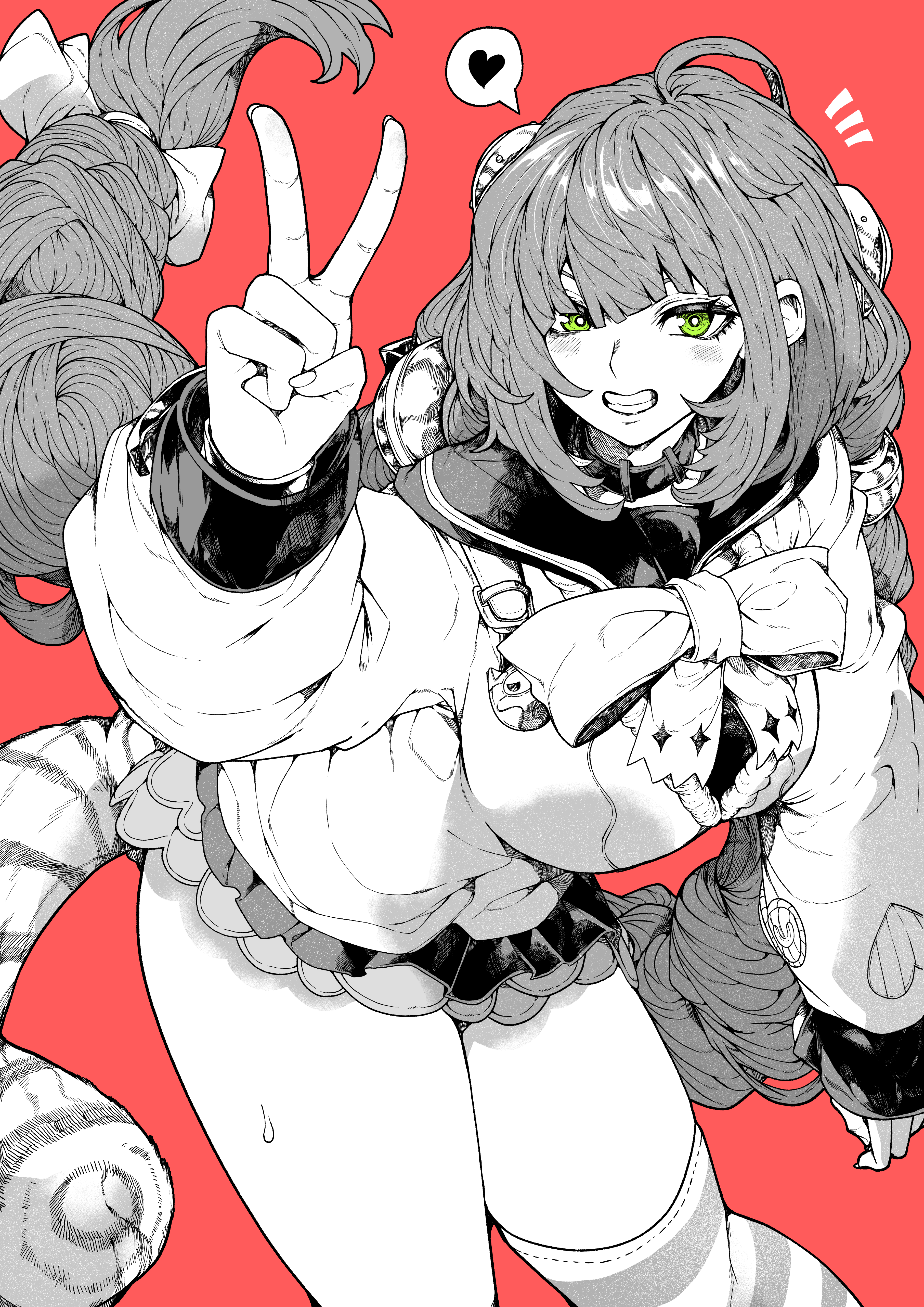 yotsumi shiro, ukinami yuzuha, zenless zone zero, absurdres, commentary request, highres, 1girl, blush, breasts, choker, clenched teeth, green eyes, greyscale with colored background, heart, large breasts, long sleeves, looking at viewer, monochrome, red background, sailor collar, school uniform, single thighhigh, solo, spoken heart, striped clothes, striped thighhighs, teeth, thighhighs, thighs, v