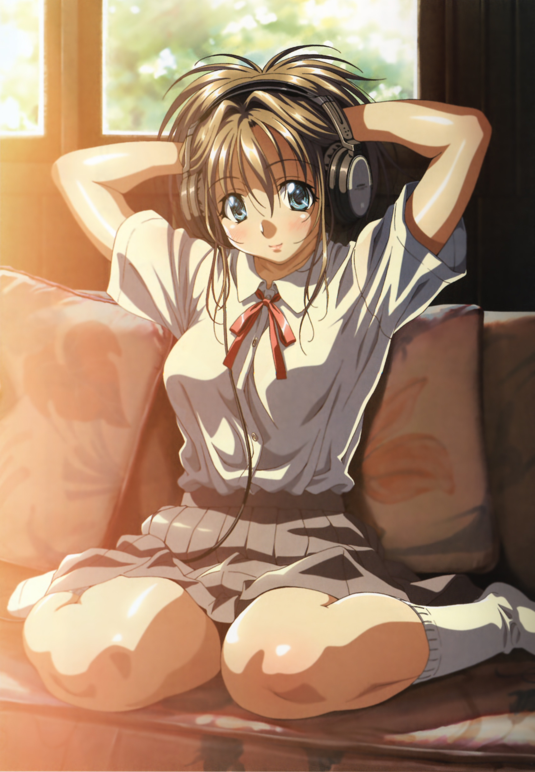 taki minashika, original, absurdres, highres, 1girl, adjusting hair, arms behind head, arms up, blue eyes, brown hair, couch, female focus, headphones, kneeling, school uniform, serafuku, sitting, socks, solo, thick thighs, thighs, wariza