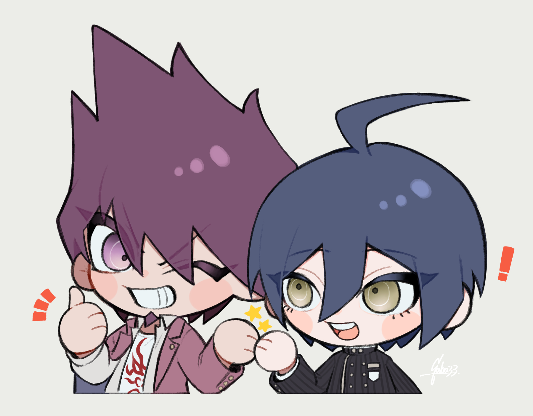 gaba33, momota kaito, saihara shuichi, danganronpa (series), danganronpa v3: killing harmony, highres, !, 2boys, ahoge, black jacket, blue hair, blush stickers, breast pocket, buttons, chibi, coat, coat partially removed, collared coat, collared jacket, cropped torso, double-breasted, eyelashes, eyes visible through hair, facial hair, fist bump, flame print, gakuran, goatee, green eyes, grey background, grey jacket, grin, happy, heads together, jacket, lapel pin, lapels, layered sleeves, long sleeves, looking at another, male focus, multiple boys, notched lapels, notice lines, one eye closed, open clothes, open jacket, open mouth, pinstripe jacket, pinstripe pattern, pocket, print shirt, purple coat, purple eyes, purple hair, school uniform, shirt, short hair, signature, simple background, smile, spiked hair, star (symbol), teeth, thumbs up, two-sided coat, two-sided fabric, upper teeth only, white shirt