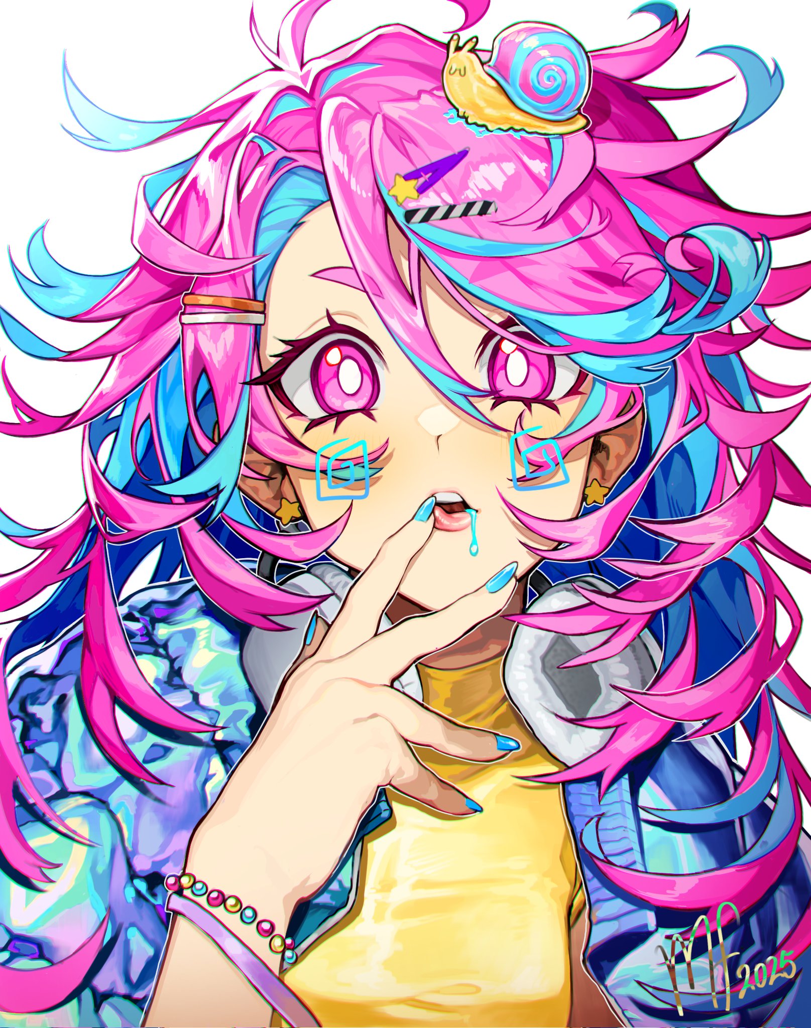 mary felizola, original, commentary, english commentary, highres, 1girl, 2025, @ (symbol), animal, animal on head, antenna hair, bead bracelet, beads, blue hair, blue jacket, blue nails, bracelet, bright pupils, colored inner hair, double-parted bangs, drooling, earrings, facial mark, finger to mouth, finger to own chin, hair between eyes, hair ornament, hand up, headphones, headphones around neck, holographic clothing, jacket, jewelry, long hair, looking at viewer, multicolored hair, nail polish, on head, open clothes, open jacket, open mouth, pink eyes, pink hair, portrait, reney (mary felizola), saliva, signature, simple background, snail, solo, star (symbol), star earrings, star hair ornament, streaked hair, sweater, swept bangs, teeth, tongue, tongue out, turtleneck, turtleneck sweater, two-tone hair, upper teeth only, white background, white pupils, yellow sweater