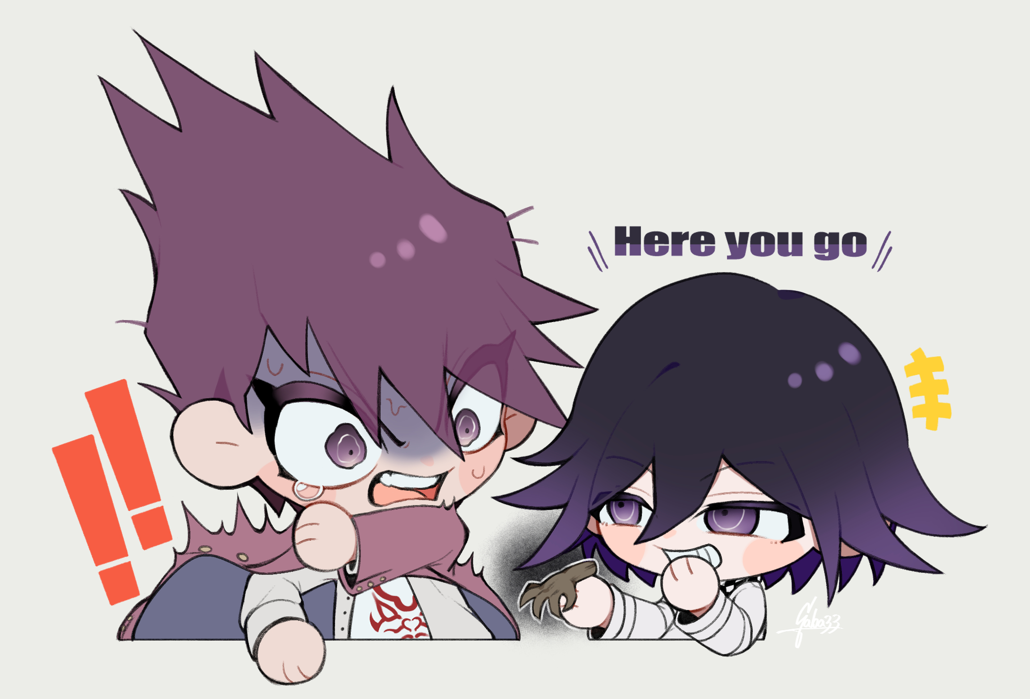 gaba33, momota kaito, oma kokichi, danganronpa (series), danganronpa v3: killing harmony, commentary request, highres, !, !!, +++, 2boys, ^^^, arm belt, belt, black sclera, blue coat, blush stickers, buttons, checkered clothes, checkered scarf, chibi, coat, coat partially removed, collared coat, colored sclera, cropped torso, disembodied hand, english text, eyelashes, eyes visible through hair, flame print, gradient hair, grey background, grey jacket, hair between eyes, hand on own chin, height difference, holding limb, jacket, laughing, male focus, messy hair, multicolored hair, multiple belts, multiple boys, nervous sweating, open clothes, open jacket, print shirt, purple coat, purple eyes, purple hair, scared, scarf, shirt, short hair, simple background, smug, spiked hair, sweat, tearing up, turn pale, two-sided coat, two-sided fabric, two-tone scarf, white belt, white jacket, white scarf, white shirt, wide-eyed, wrist belt