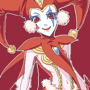 harle (chrono cross), chrono (series), chrono cross, lowres, 1girl, bell, facepaint, female focus, harlequin, hat, jester, jester cap, makeup, oekaki, red eyes, solo