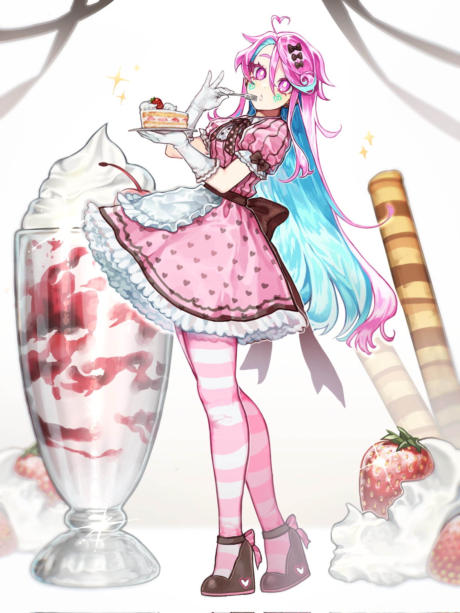 mary felizola, original, commentary request, corrupted twitter file, highres, 1girl, @ (symbol), ahoge, apron, back bow, belt, blue hair, bow, bowtie, bright pupils, brown belt, brown bow, brown bowtie, brown dress, brown shoes, cake, cake slice, cheek tattoo, churro, colored inner hair, cup, double-parted bangs, dress, eating, elbow gloves, food, fork, frilled apron, frilled gloves, frilled sleeves, frills, fruit, full body, glass, gloves, hair between eyes, hair bow, heart, heart ahoge, heart print, high heels, holding, holding fork, holding plate, leaning back, long hair, looking at viewer, milkshake, multicolored hair, pantyhose, parted lips, petticoat, pink dress, pink eyes, pink hair, pink pantyhose, plate, puffy short sleeves, puffy sleeves, reney (mary felizola), shoes, short dress, short sleeves, sidelocks, simple background, solo, sparkle, standing, strawberry, strawberry cake, striped clothes, striped dress, striped pantyhose, tattoo, two-tone dress, two-tone hair, two-tone pantyhose, vertical-striped clothes, vertical-striped dress, very long hair, waist apron, whipped cream, white apron, white background, white gloves, white pantyhose, white pupils
