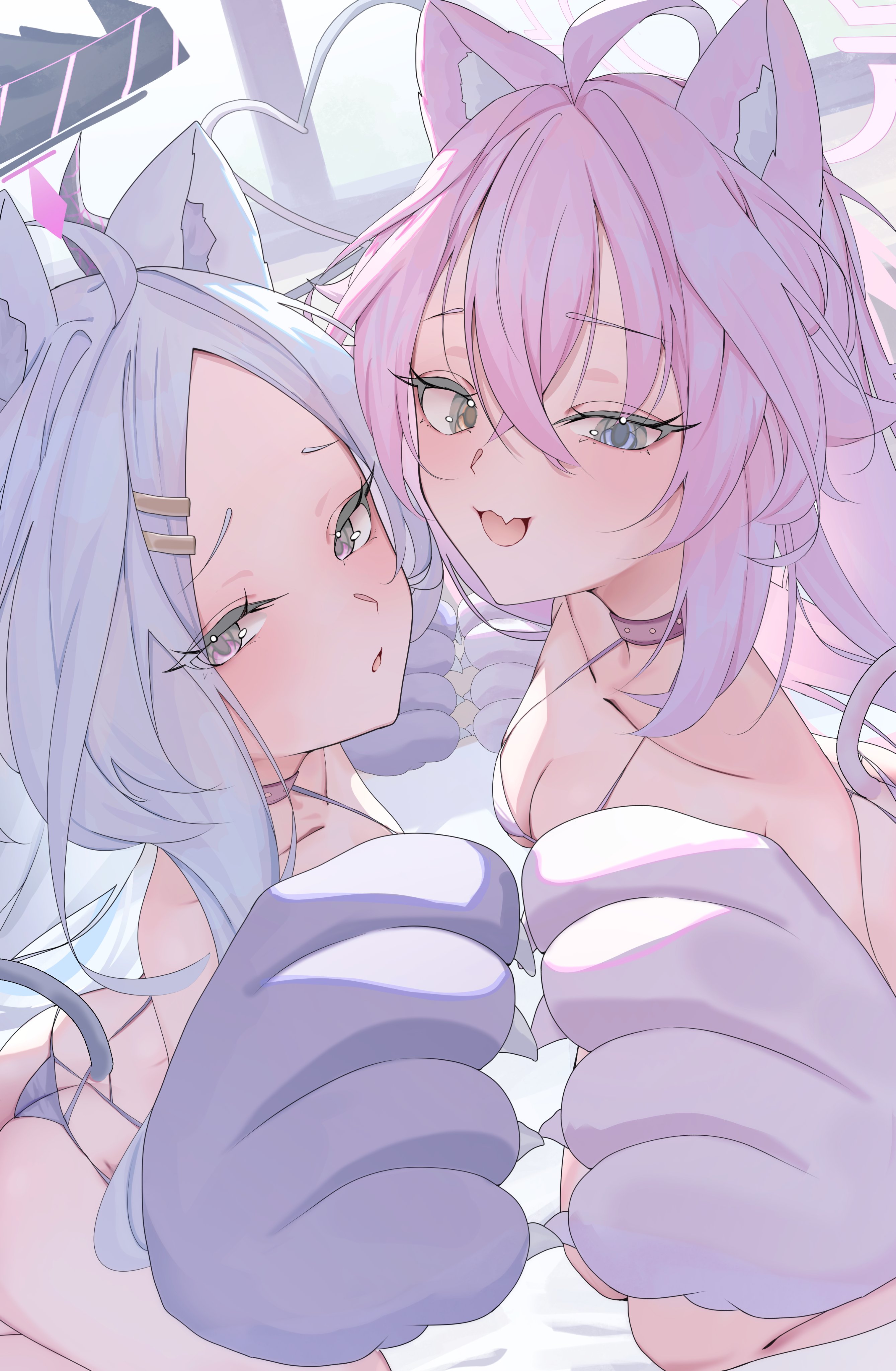 mumu (2arlcevpxn83807), hina (blue archive), hoshino (blue archive), blue archive, absurdres, highres, 2girls, ahoge, ass, black halo, breasts, fang, halo, heterochromia, indoors, long hair, multiple girls, pink hair, pink halo, small breasts, underwear, white hair
