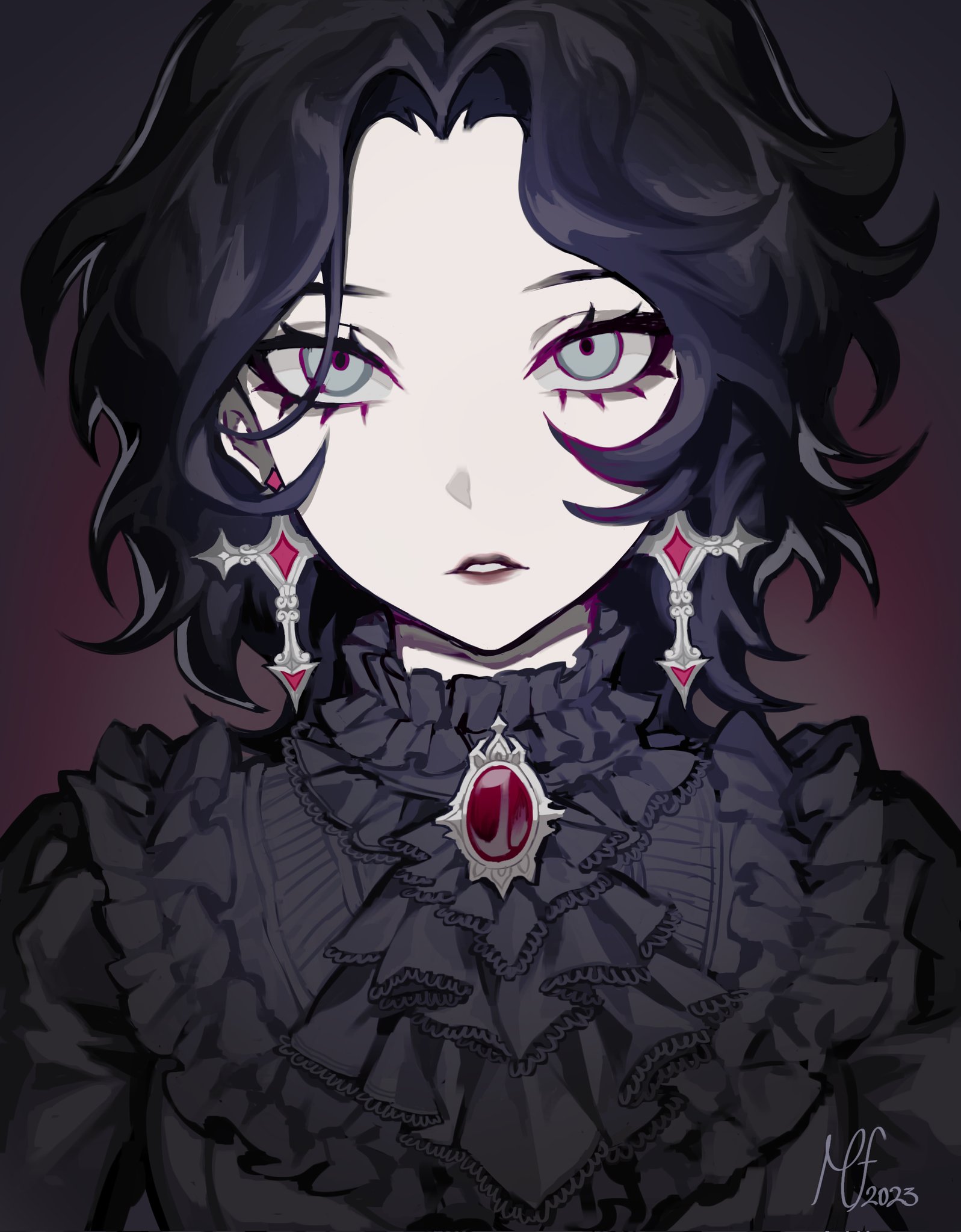 mary felizola, original, commentary, highres, symbol-only commentary, 1girl, 2025, ascot, bags under eyes, black ascot, black background, black hair, black shirt, brown lips, cross, cross earrings, curtained hair, earrings, eyebrows hidden by hair, eyelashes, frilled shirt, frills, gem, goth fashion, gradient background, grey eyes, jewelry, looking at viewer, medium hair, pale skin, parted lips, portrait, red background, red gemstone, shirt, signature, simple background, solo, straight-on, tsurime, turtleneck, turtleneck shirt, upturned eyes, wavy hair