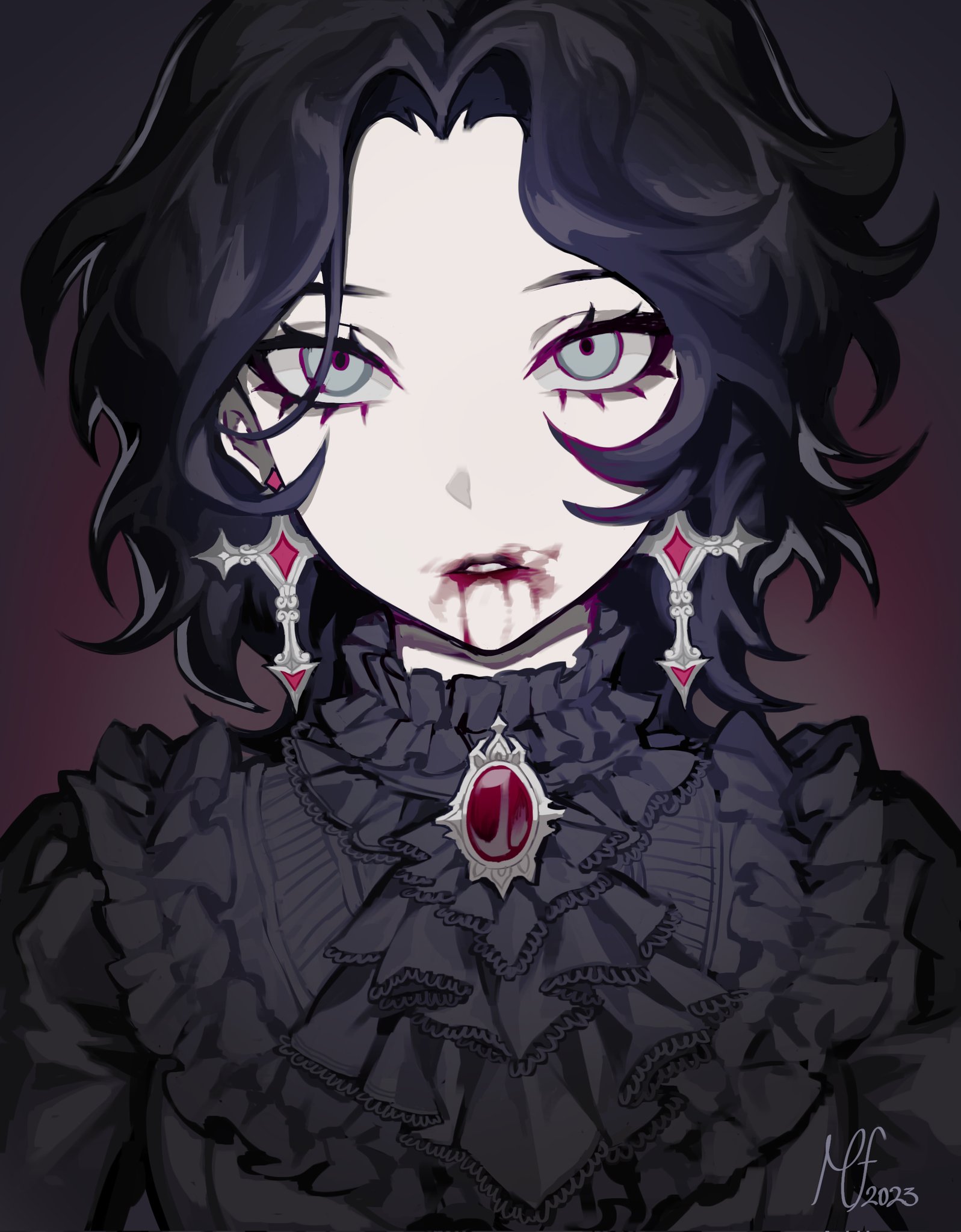 mary felizola, original, highres, 1girl, 2025, ascot, bags under eyes, black ascot, black background, black hair, black shirt, blood, blood from mouth, brown lips, cross, cross earrings, curtained hair, earrings, eyebrows hidden by hair, eyelashes, frilled shirt, frills, gem, goth fashion, gradient background, grey eyes, jewelry, looking at viewer, medium hair, pale skin, parted lips, portrait, red background, red gemstone, shirt, signature, simple background, solo, straight-on, tsurime, turtleneck, turtleneck shirt, upturned eyes, wavy hair