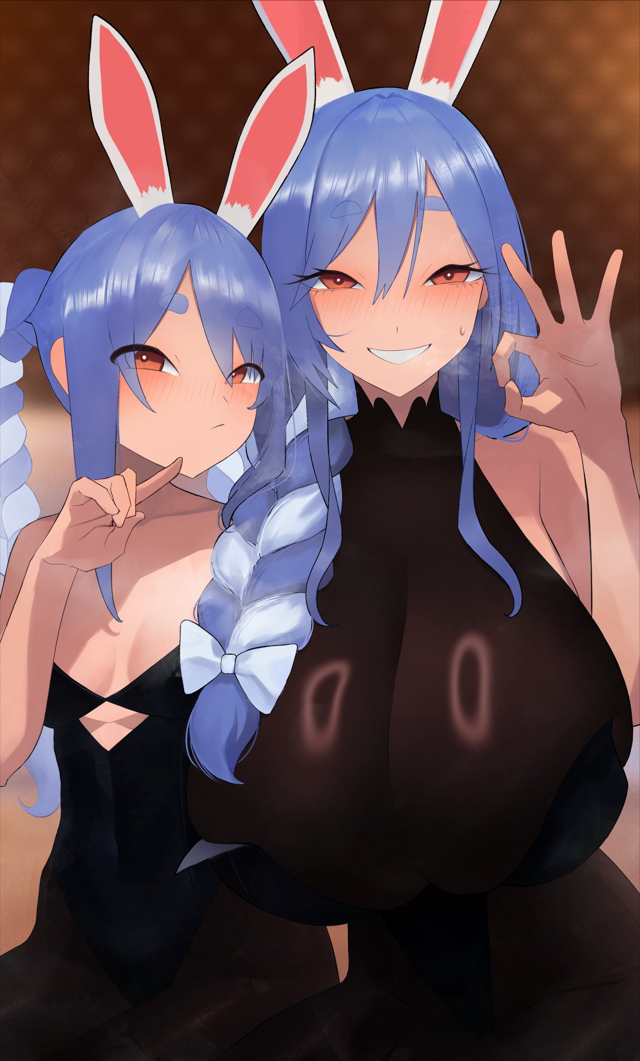hazuki kazue, pekomama, usada pekora, hololive, black bodystocking, braided twintails, highres, 2girls, :/, alternate breast size (larger), alternate costume, animal ear fluff, animal ears, bare shoulders, blue hair, blush, bodystocking, braid, braided ponytail, breasts, bright pupils, carrot, carrot hair ornament, clothing cutout, collar, collarbone, extra ears, eyebrows visible through hat, eyelashes, food-themed hair ornament, hair between eyes, hair ornament, hair over shoulder, high collar, huge breasts, long hair, looking at viewer, mature female, medium breasts, meme, mom and her daughter (meme), mother and daughter, multicolored hair, multiple girls, narrowed eyes, oral invitation, rabbit ears, rabbit girl, red eyes, see-through bodystocking, see-through clothes, sidelocks, sleeveless, smile, standing, steam, thick eyebrows, twin braids, two-tone hair, underboob cutout, virtual youtuber, white pupils