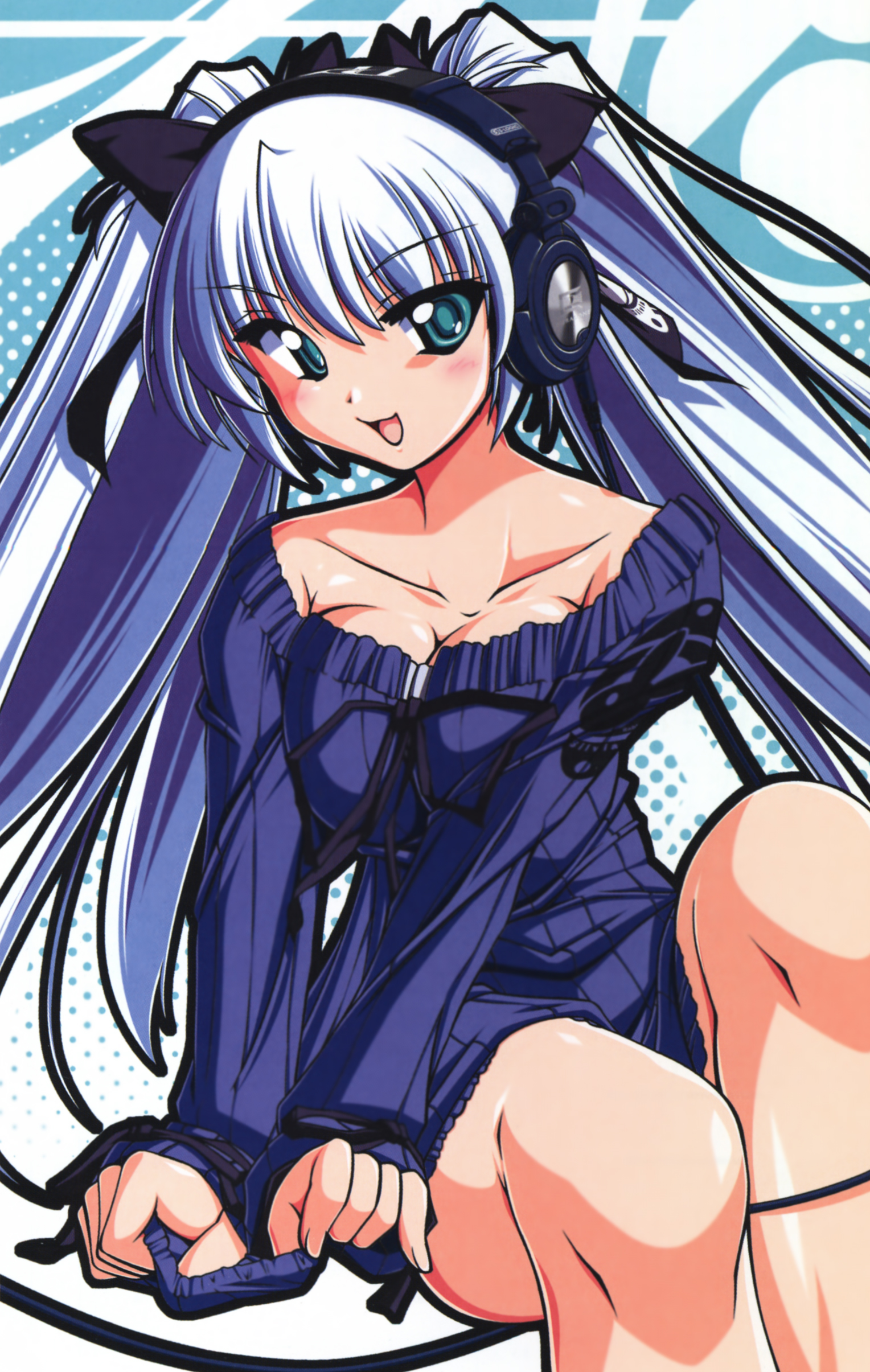 nonsugar, original, absurdres, highres, 1girl, aqua eyes, blouse, blue hair, breasts, breasts squeezed together, cleavage, dress, female focus, hair ornament, headphones, large breasts, long hair, shirt, smile, solo, sweater, sweater dress, twintails