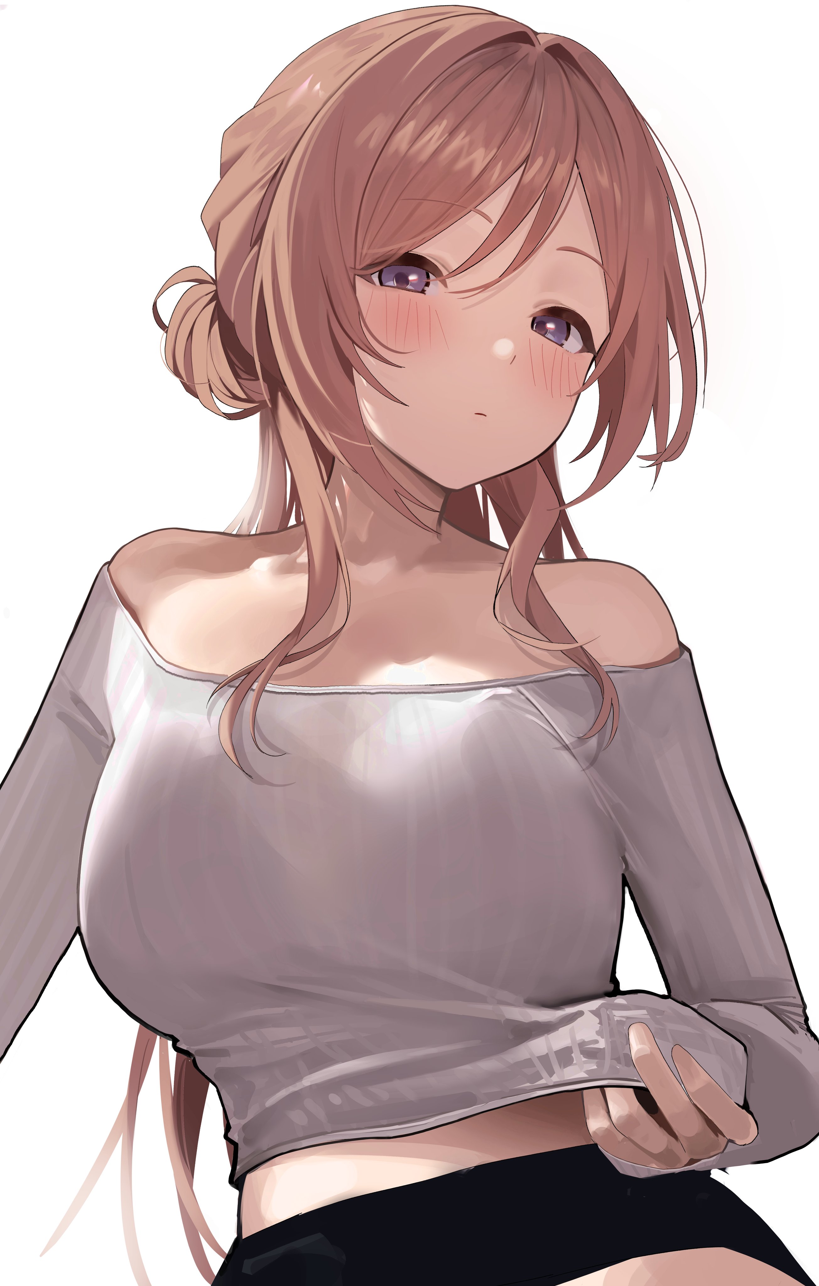 aweqdre, himesaki rinami, gakuen idolmaster, idolmaster, absurdres, highres, 1girl, bare shoulders, blush, breasts, brown hair, closed mouth, clothes lift, hair between eyes, hair bun, large breasts, long hair, long sleeves, looking at viewer, midriff peek, off shoulder, purple eyes, simple background, solo, white background