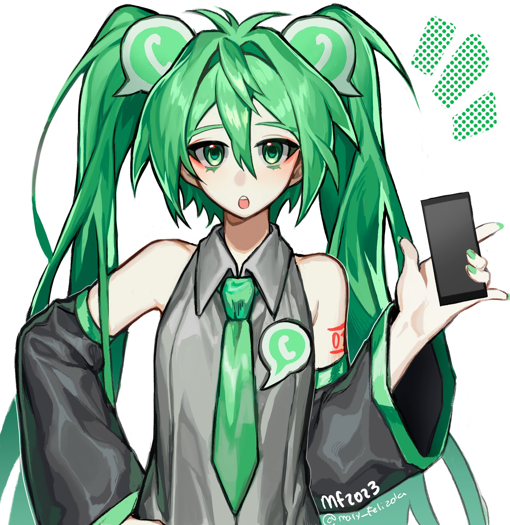 mary felizola, hatsune miku, vocaloid, whatsapp, commentary, english commentary, highres, 1girl, 2023, :o, antenna hair, bare shoulders, black sleeves, breasts, cellphone, collared shirt, detached sleeves, double-parted bangs, green eyes, green hair, green nails, green necktie, green trim, grey shirt, hair between eyes, hair intakes, halftone, halftone background, hand on own hip, hand up, holding, holding phone, long hair, long sleeves, looking at viewer, nail polish, necktie, notice lines, number tattoo, open mouth, phone, shirt, shoulder tattoo, signature, simple background, sleeveless, sleeveless shirt, small breasts, smartphone, solo, straight-on, tattoo, teeth, twitter username, upper body, upper teeth only, very long hair, white background, wide sleeves
