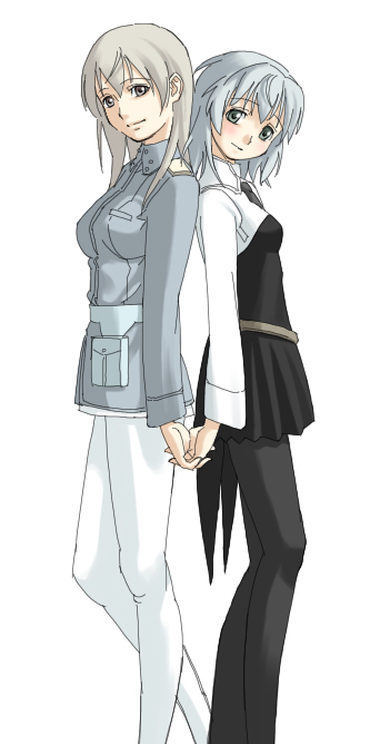 eila ilmatar juutilainen, sanya v. litvyak, strike witches, world witches series, 00s, 2girls, back-to-back, black pantyhose, holding hands, multiple girls, pantyhose, white pantyhose