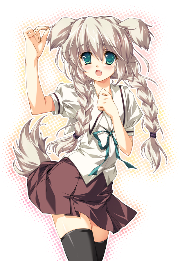 yasaka minato, hal, 1girl, animal ears, blush, braid, dog ears, female focus, green eyes, school uniform, serafuku, solo, standing, tail, tears, thighhighs, twin braids, white background, white hair