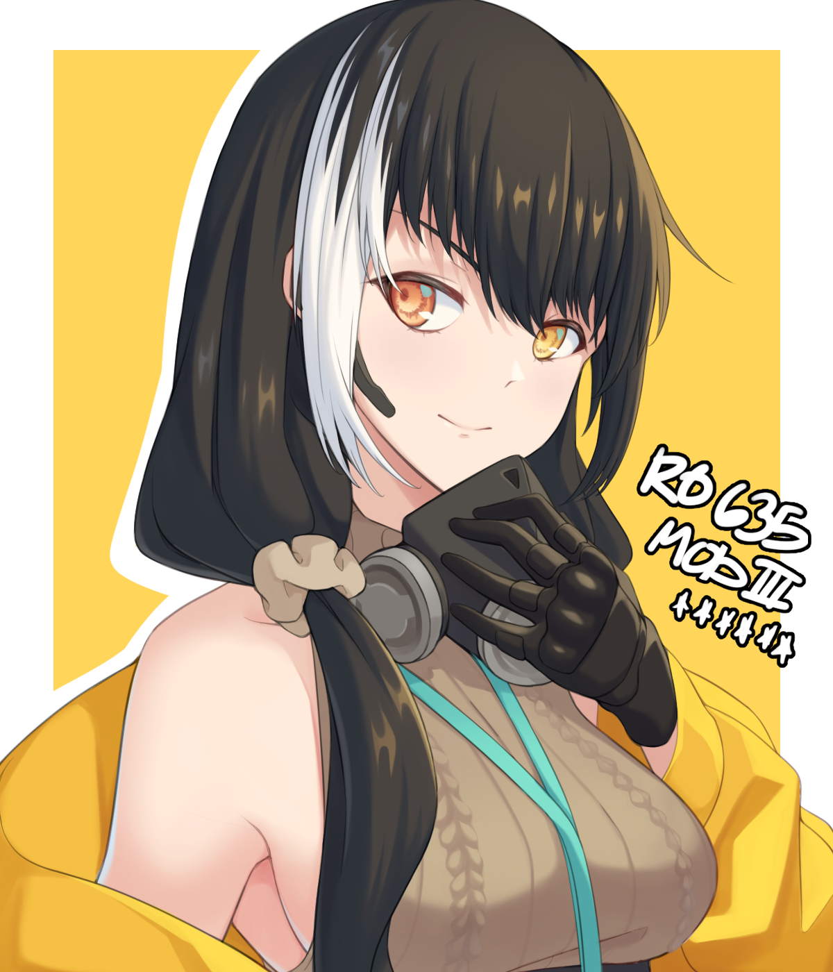 act (xadachit), ro635 (girls' frontline), ro635 (mod3) (girls' frontline), girls' frontline, commentary, highres, 1girl, black gloves, black hair, border, breasts, character name, dated commentary, earpiece, gas mask, gloves, hair between eyes, hair ornament, hair over shoulder, hair scrunchie, heterochromia, jacket, lanyard, long hair, long sleeves, looking at viewer, low twintails, mask, medium breasts, multicolored hair, off shoulder, outline, outside border, red eyes, ribbed sweater, scrunchie, sideboob, simple background, sleeveless, sleeveless sweater, smile, solo, streaked hair, sweater, twintails, upper body, white border, white hair, white outline, yellow background, yellow eyes, yellow jacket