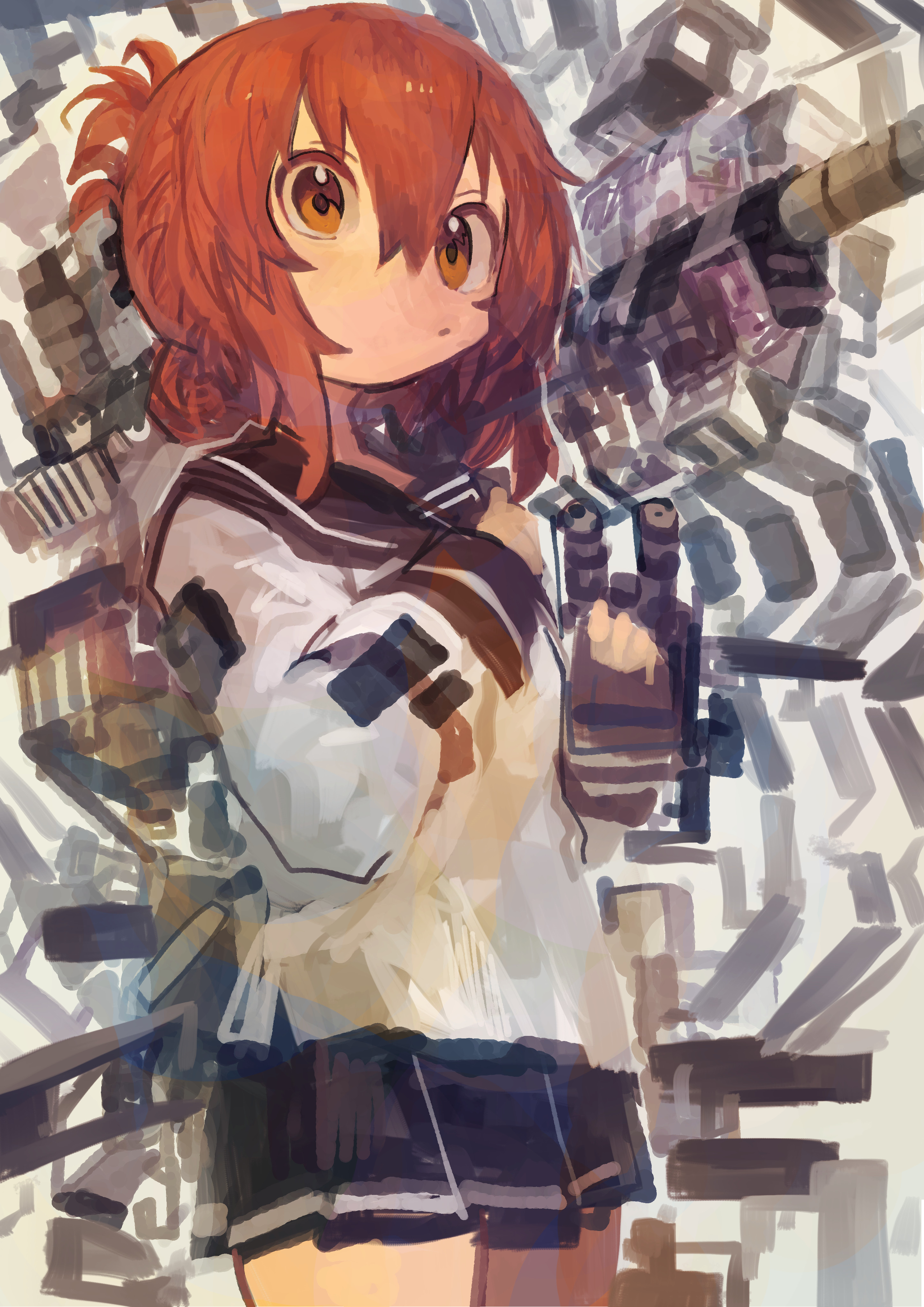 kaamin (mariarose753), inazuma (kancolle), kantai collection, absurdres, commentary request, highres, 1girl, brown eyes, brown hair, closed mouth, folded ponytail, gun, hair between eyes, long sleeves, miniskirt, pleated skirt, rigging, sailor collar, school uniform, serafuku, ship turret, skirt, solo, weapon