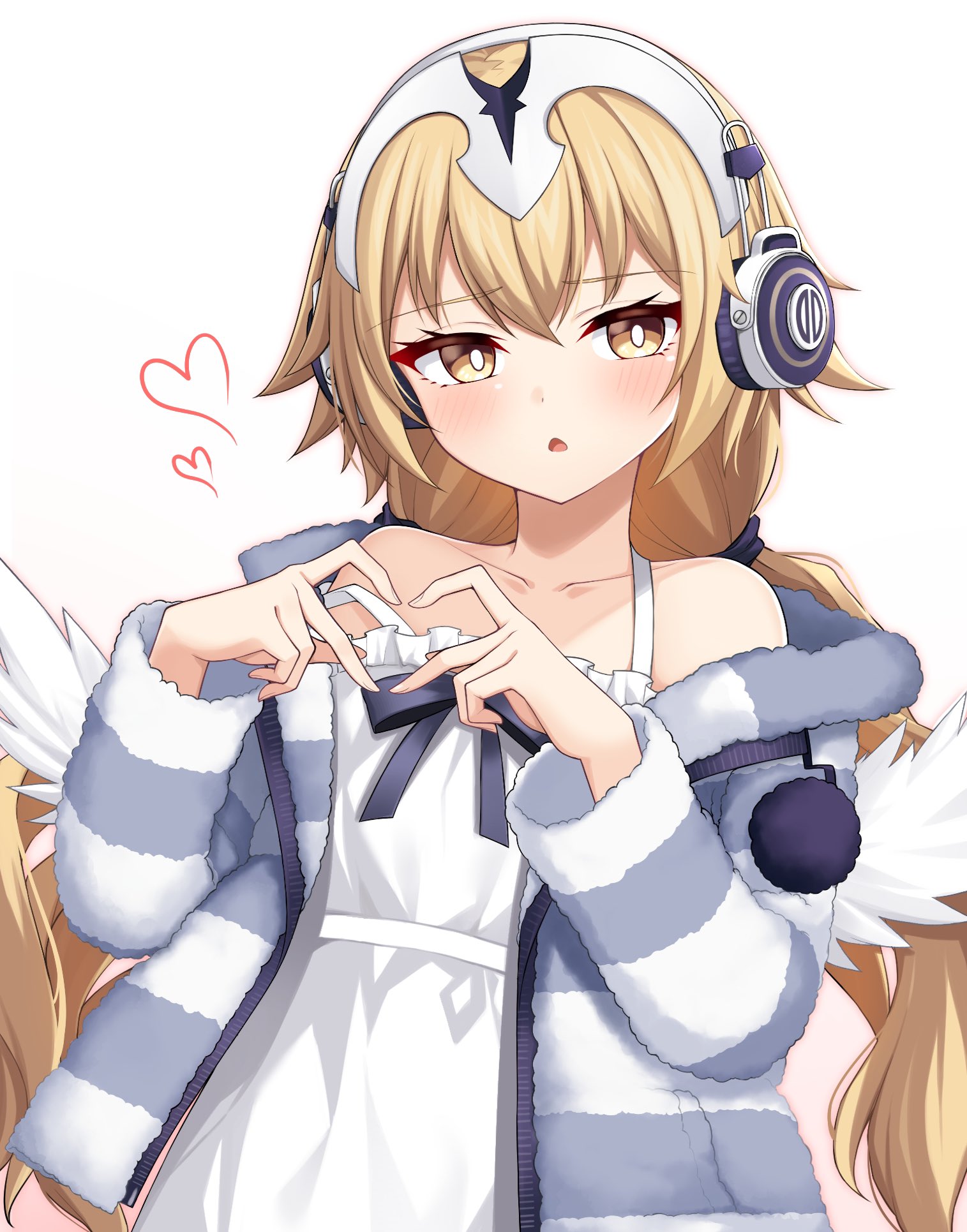 hoshino reiji, jeanne d'arc (fate), metatron jeanne (fate), metatron jeanne (second ascension) (fate), fate/grand order, fate (series), highres, 1girl, angel wings, bare shoulders, blonde hair, blush, breasts, camisole, feathered wings, grey sweater, headphones, heart, heart hands, long hair, long sleeves, looking at viewer, low twintails, off shoulder, open mouth, small breasts, solo, striped clothes, striped sweater, sweater, thighs, twintails, very long hair, white camisole, wings, yellow eyes
