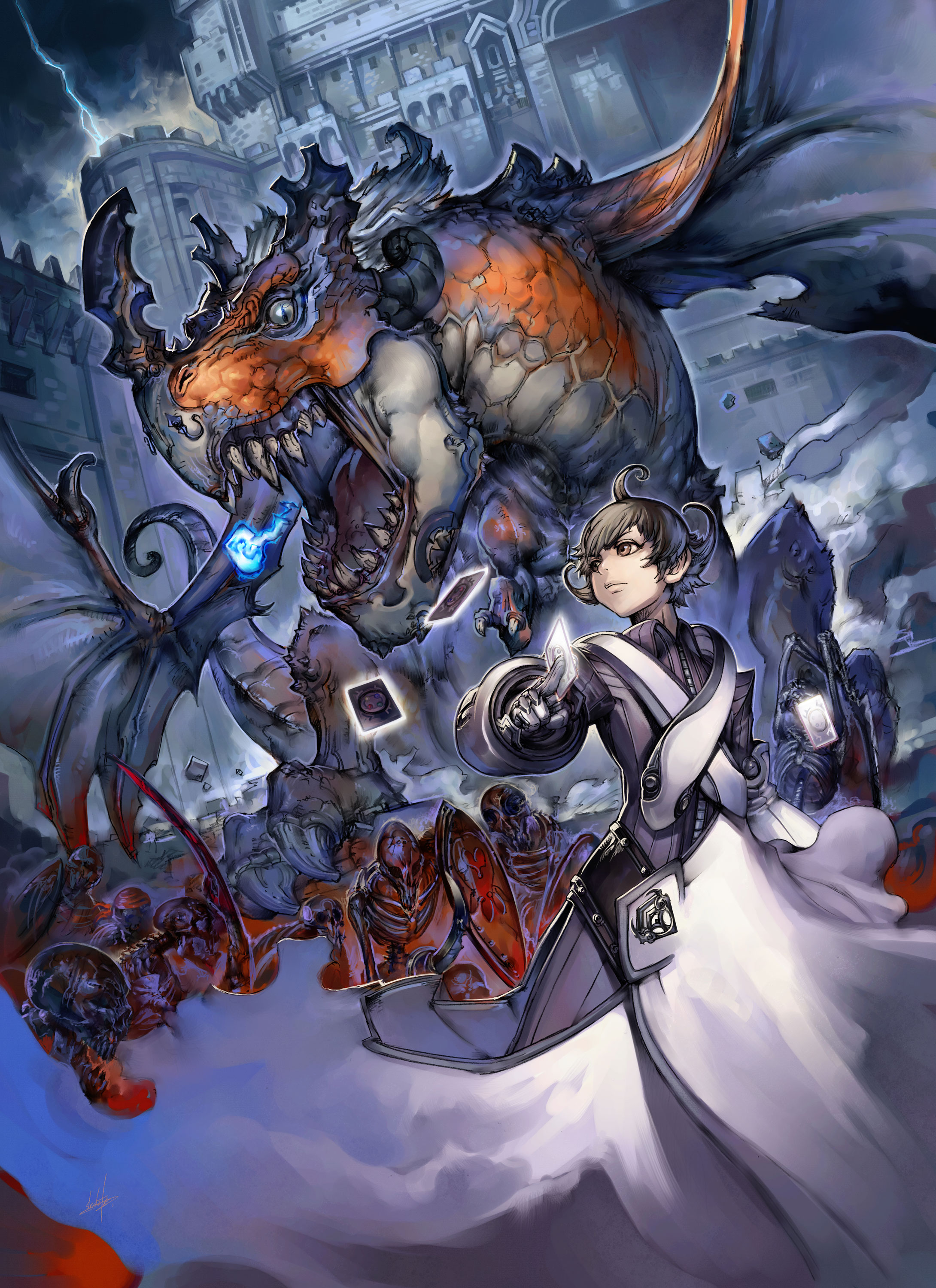 yasuda akira, culdcept, culdcept saga, absurdres, highres, 1boy, card, dragon, floating card, holding, holding card