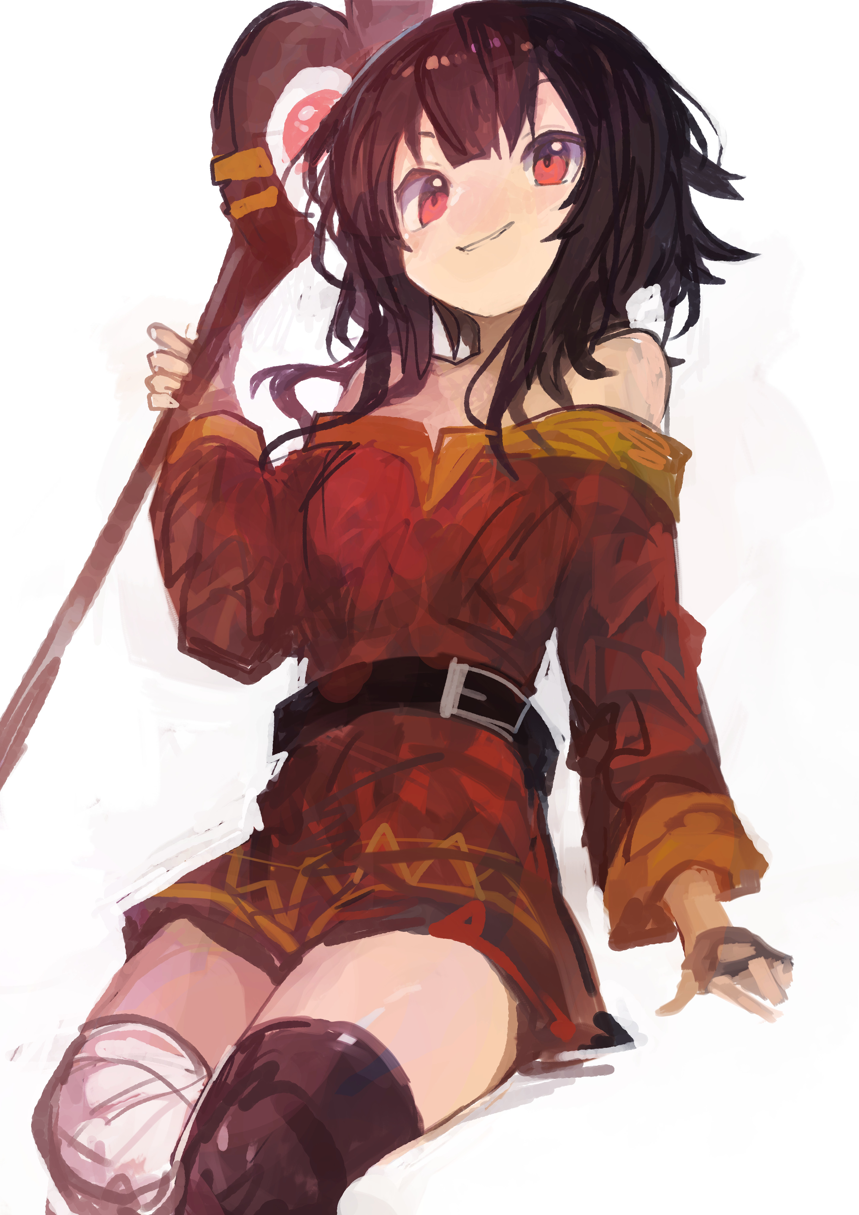 kaamin (mariarose753), megumin, kono subarashii sekai ni shukufuku wo!, absurdres, commentary, highres, 1girl, bandaged leg, bandages, bare shoulders, belt, black gloves, black hair, black thighhighs, dress, fingerless gloves, gloves, grin, holding, holding staff, off shoulder, red dress, red eyes, simple background, single thighhigh, sitting, smile, solo, staff, thighhighs, white background