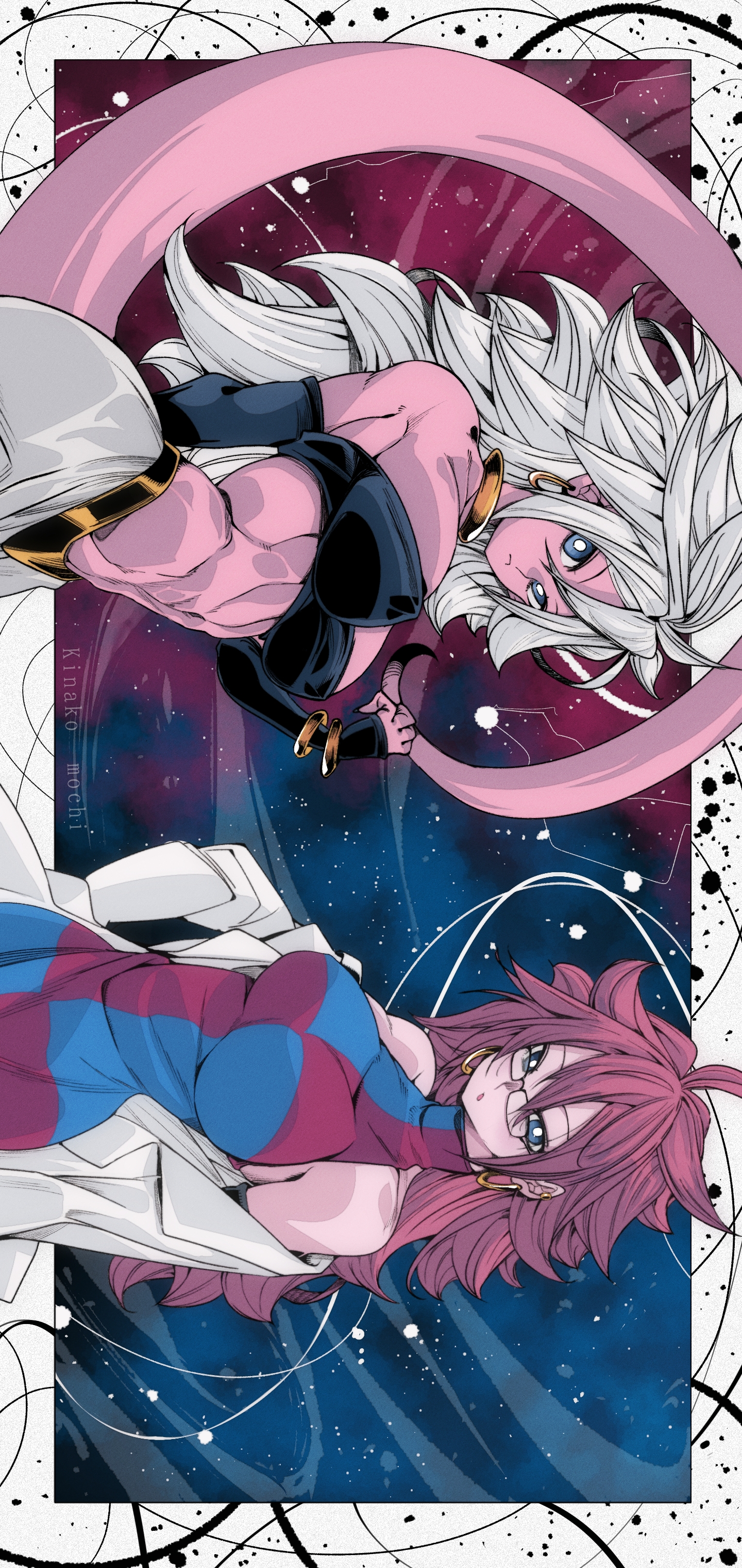 kinakomochi (user vedc2333), android 21, majin android 21, dragon ball, dragon ball fighterz, absurdres, commentary, highres, 2girls, bandeau, blue eyes, bracelet, breasts, bright pupils, checkered clothes, checkered dress, cleavage, dress, dual persona, earrings, glasses, hoop earrings, jewelry, lab coat, large breasts, long hair, looking at viewer, midriff, multiple girls, red hair, tail, white hair, white pupils