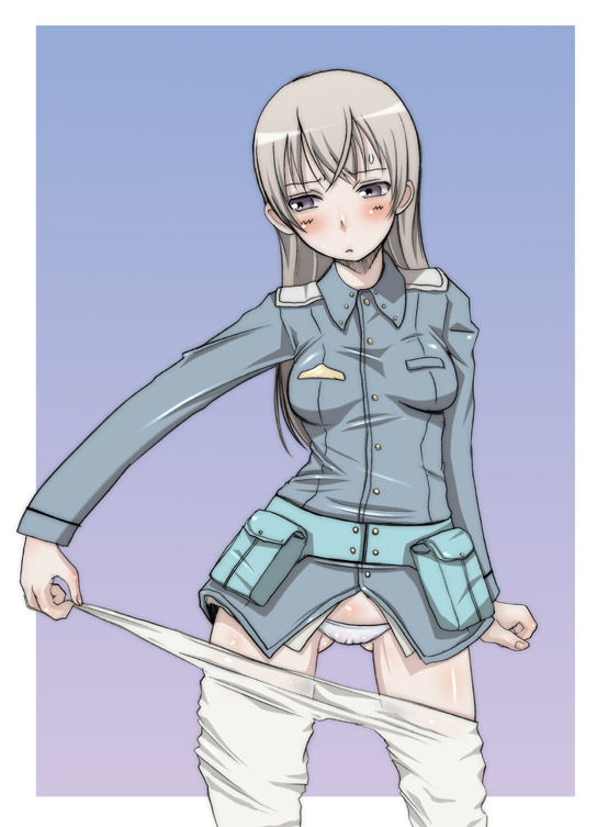 hirokawa kouichirou, eila ilmatar juutilainen, strike witches, world witches series, silver hair, 00s, 1girl, blush, cameltoe, clothes pull, female focus, long hair, panties, pantyhose, pantyhose pull, solo, underwear, white panties, white pantyhose