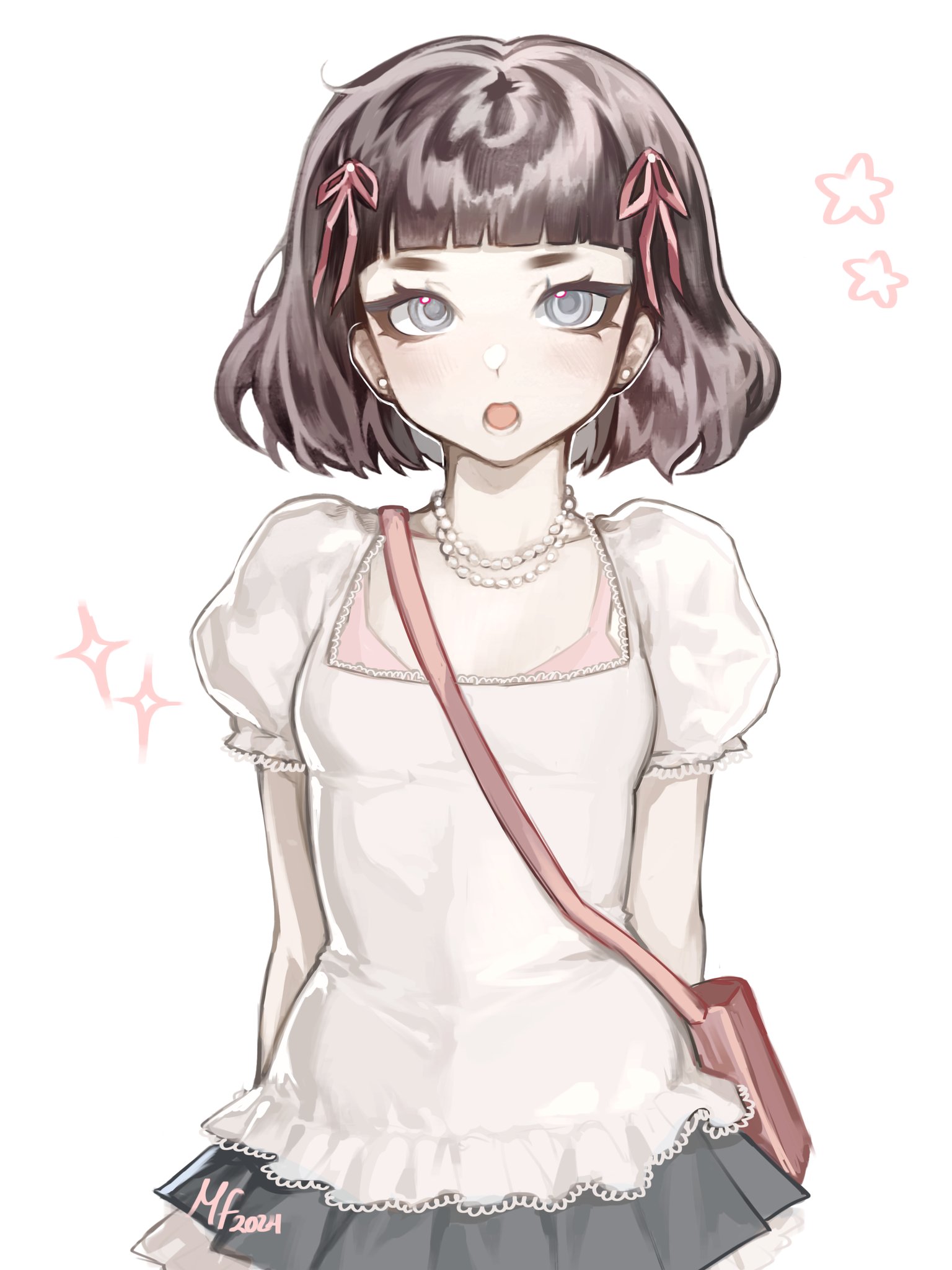 mary felizola, original, commentary, english commentary, highres, 1girl, :o, arms behind back, bag, blunt bangs, blush, bra, bra peek, breasts, brown hair, earrings, grey eyes, grey skirt, hair behind ear, hair ribbon, jewelry, lace, lace-trimmed shirt, lace-trimmed sleeves, lace trim, layered skirt, light blush, looking at viewer, lower teeth only, miniskirt, necklace, open mouth, pearl necklace, pink bag, pink bra, pink ribbon, pleated skirt, puffy short sleeves, puffy sleeves, ribbon, shirt, short hair, short sleeves, shoulder bag, simple background, skirt, small breasts, solo, star (symbol), star symbol background, straight-on, stud earrings, teeth, underwear, upper body, white background, white shirt