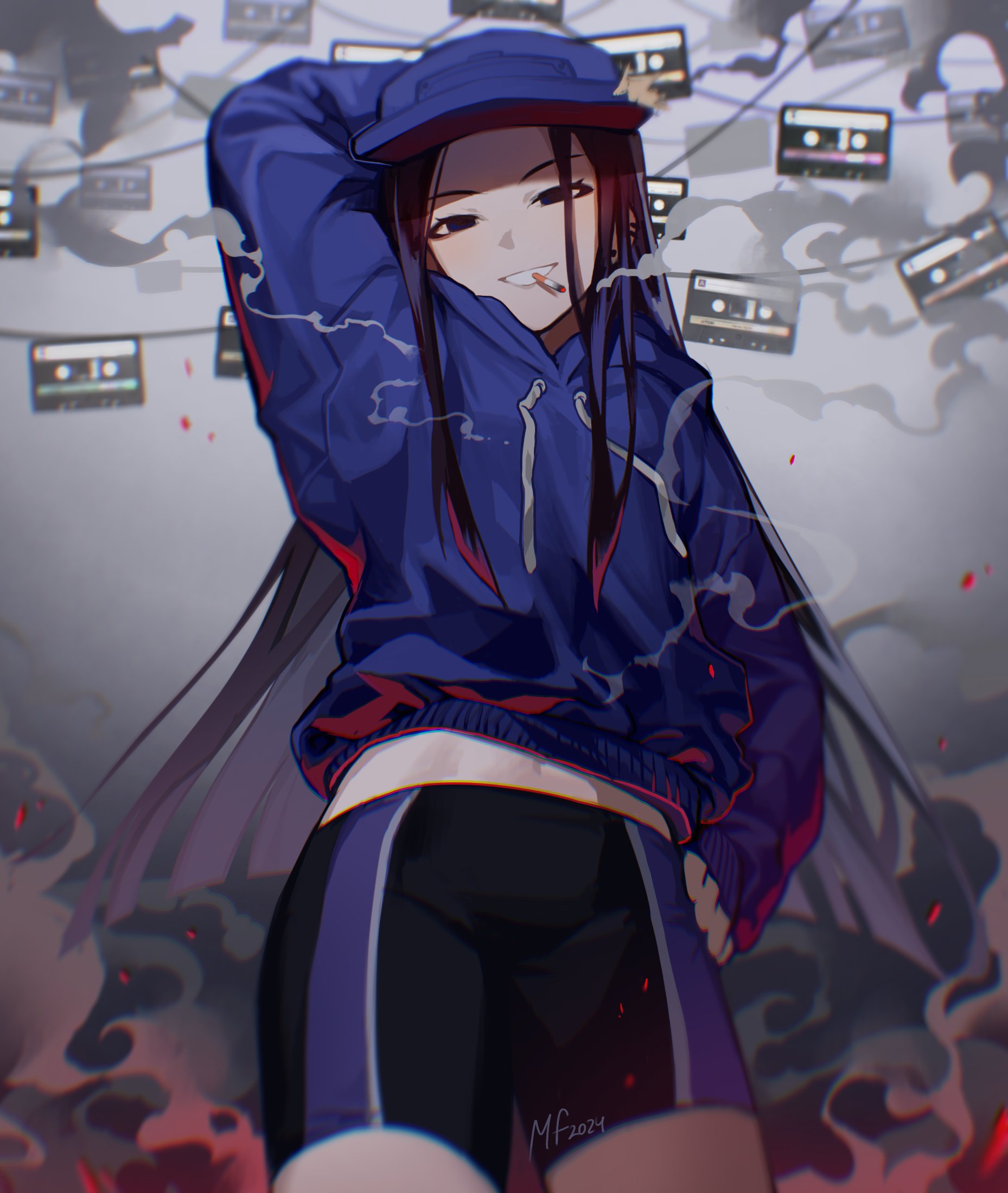 mary felizola, cassette girl (taikodon), friday night funkin', commentary, english commentary, highres, 1girl, 2024, :d, arm behind head, black eyes, black hair, black shorts, blue hat, blue hoodie, blunt ends, blurry, blurry background, chromatic aberration, cigarette, depth of field, drawstring, from below, grey background, grin, hand on own hip, hat, hood, hood down, hoodie, long hair, long sleeves, looking at viewer, midriff peek, mouth hold, navel, no pupils, open mouth, puffy long sleeves, puffy sleeves, shorts, sidelocks, signature, simple background, smile, smoke, solo, straight hair, v-shaped eyebrows, very long hair
